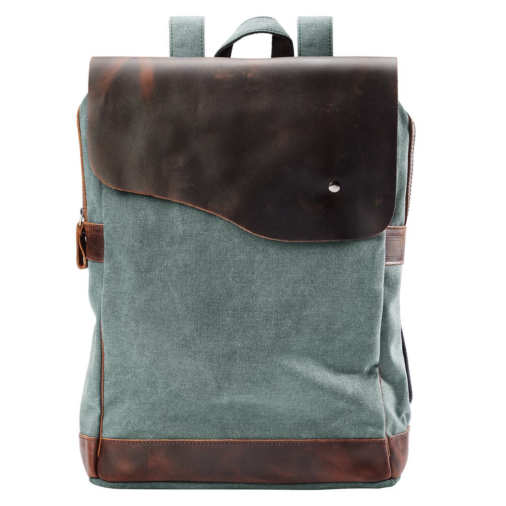 hover: Sac à dos rétro en toile vert menthe et cuir foncé hover: Sac à dos rétro en toile vert menthe et cuir foncé