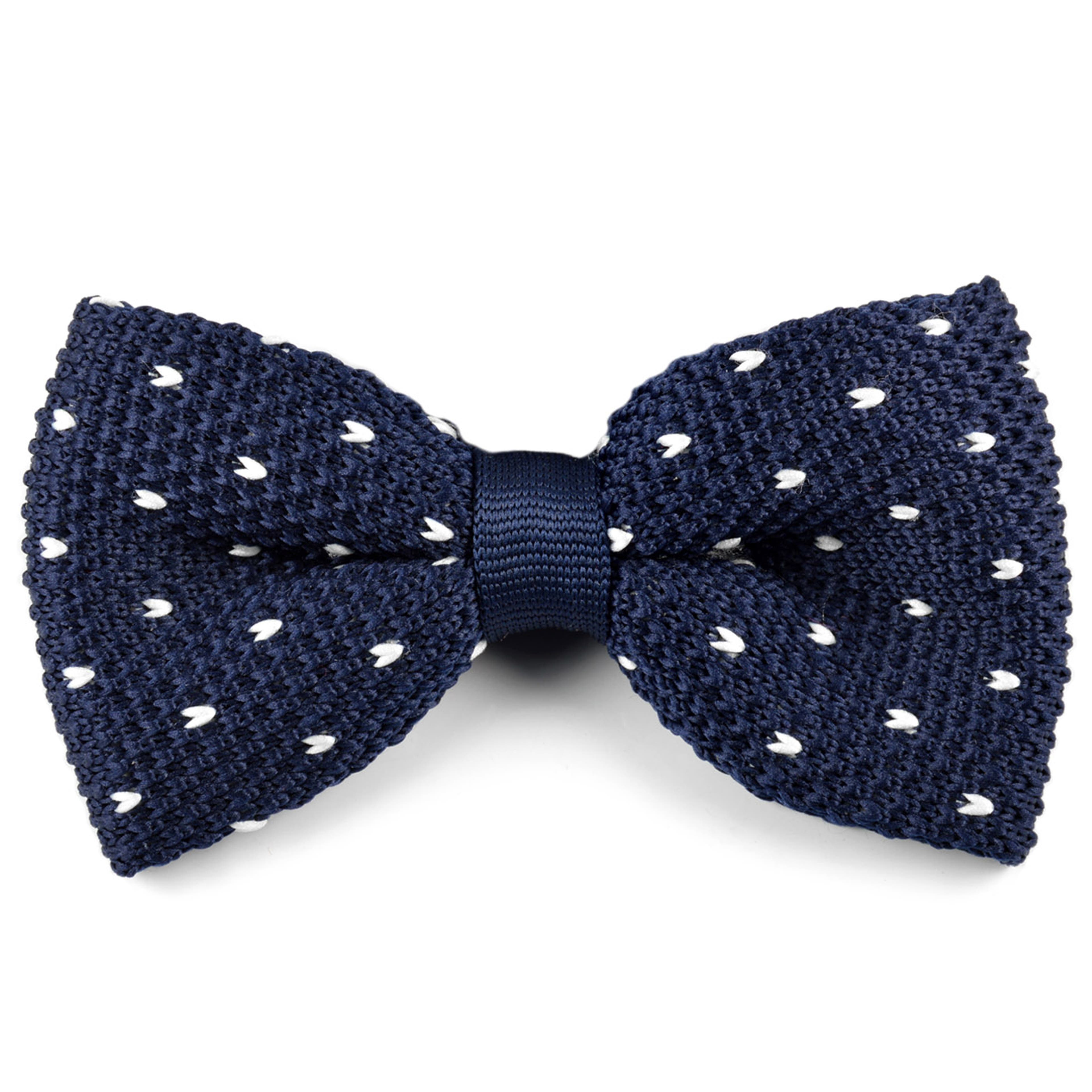 Blue White Dotted Knitted Pre-Tied Bow Tie