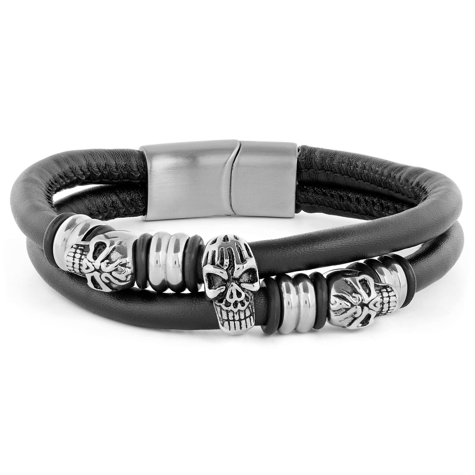 Schwarzes Leder & Stahl Totenkopf Armband Schwarzes Leder & Stahl Totenkopf Armband