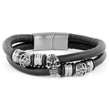 Black Leather Cord & Stainless Steel Skull Bracelet Black Leather Cord & Stainless Steel Skull Bracelet
