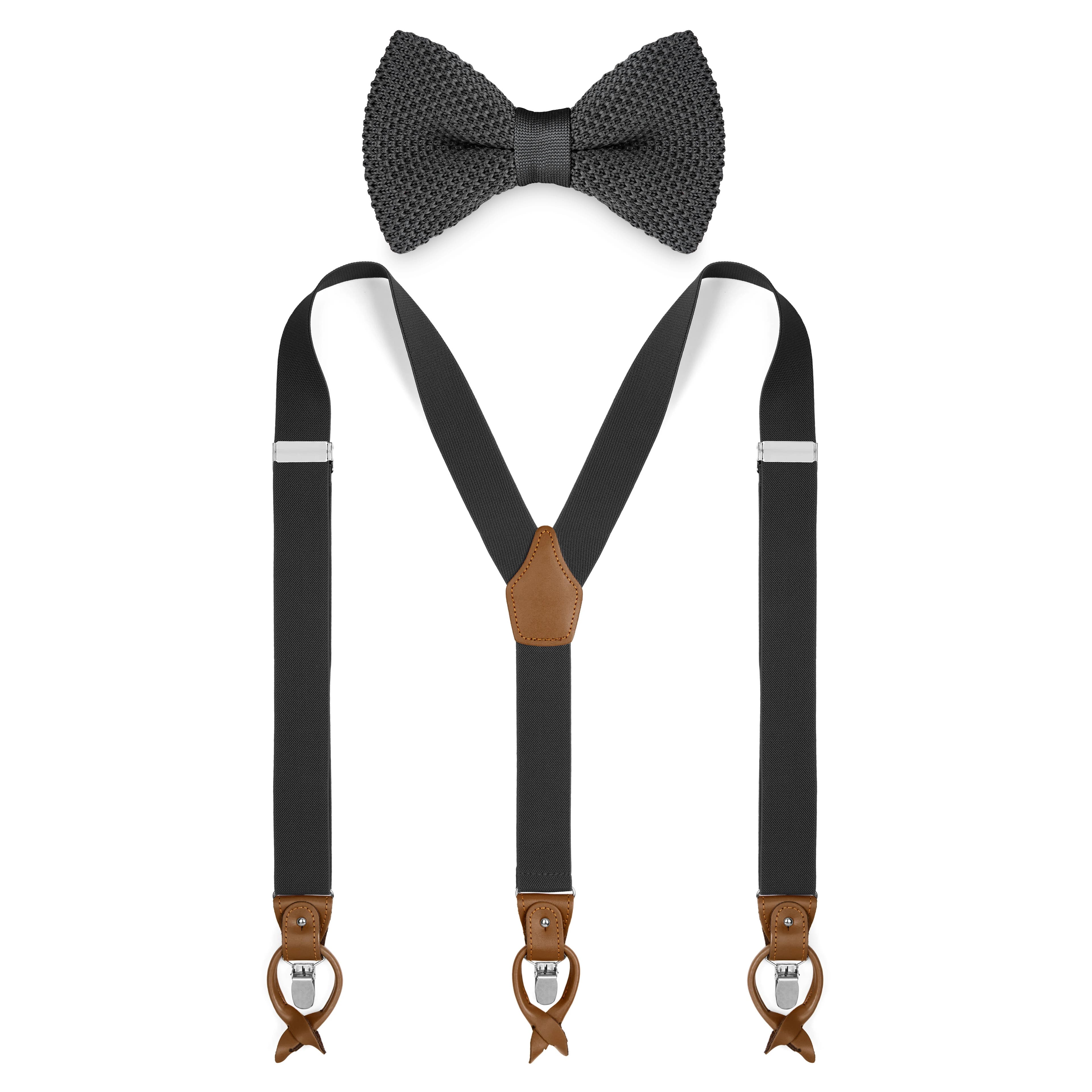 Dark Grey Pre-Tied Bow Tie and Braces Set