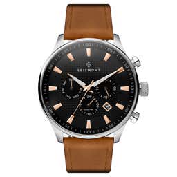 Troika II | Silver-Tone Dual-Time Watch With Black Dial & Brown Leather Strap