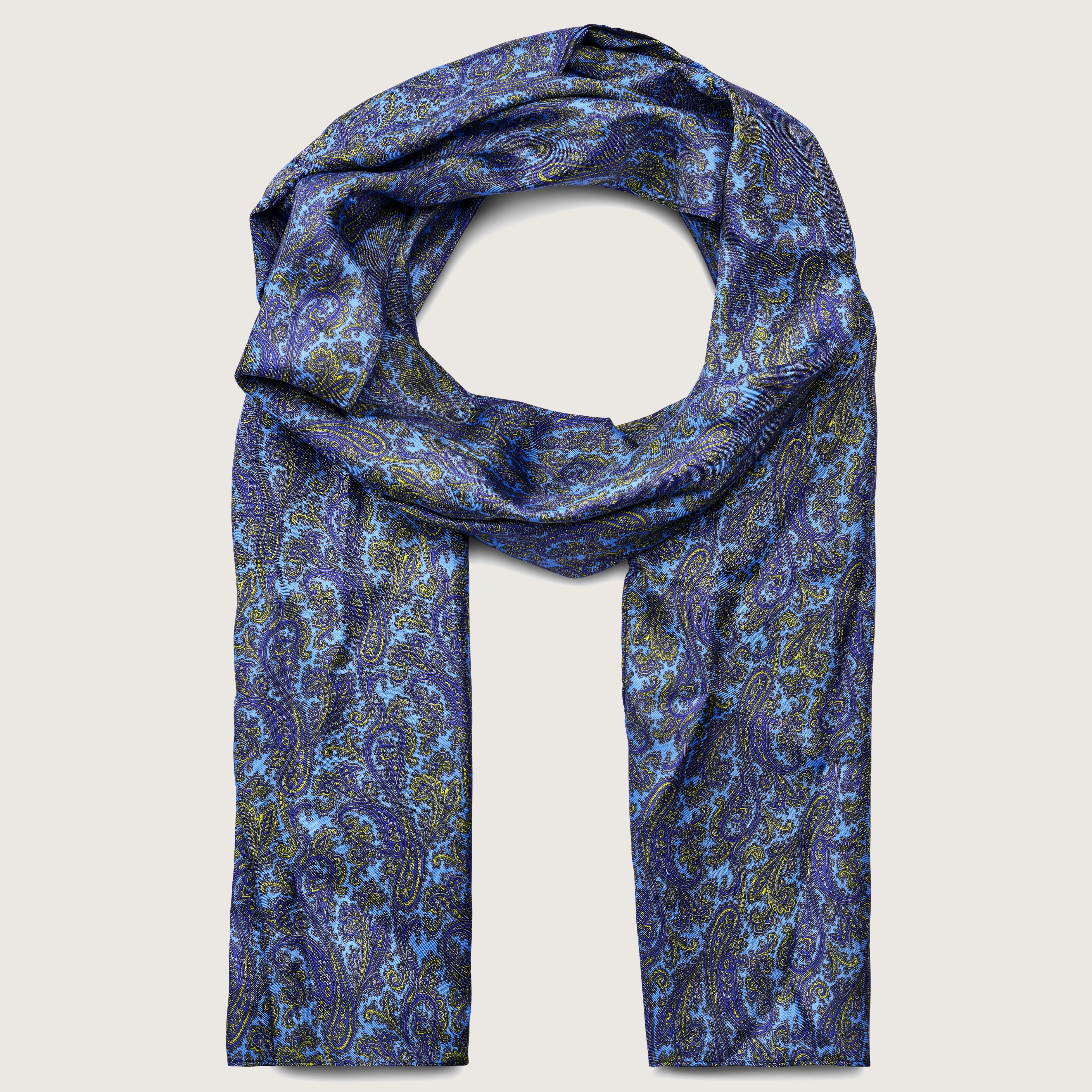 Light Blue & Gold Paisley Pattern Silk Scarf | In stock