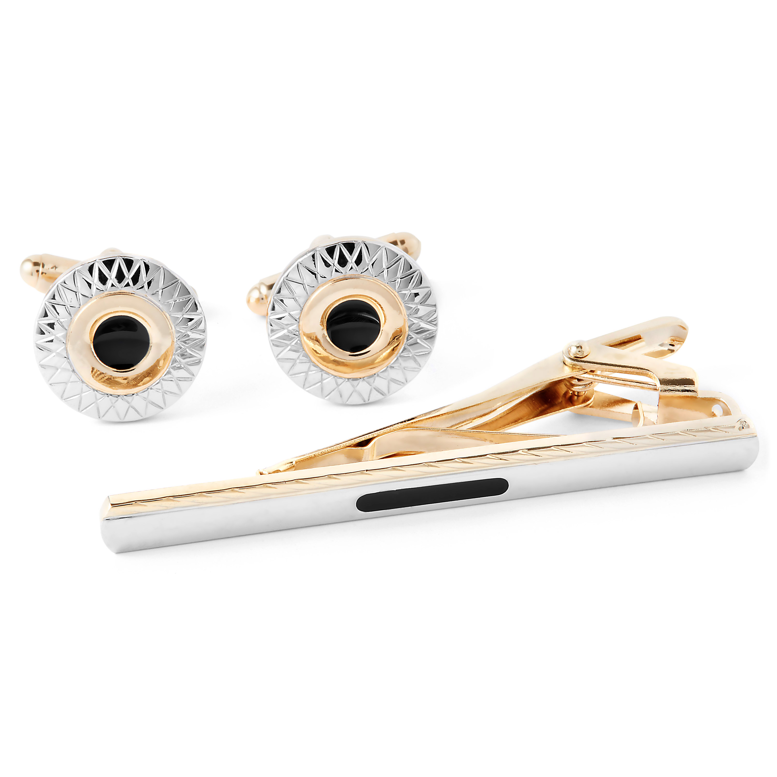 Schickes 3-Farbiges Manschettenknöpfe Und Krawattenklammer Set - 1