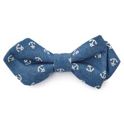 Petrol Blue & White Anchor Pointy Cotton Pre-Tied Bow Tie