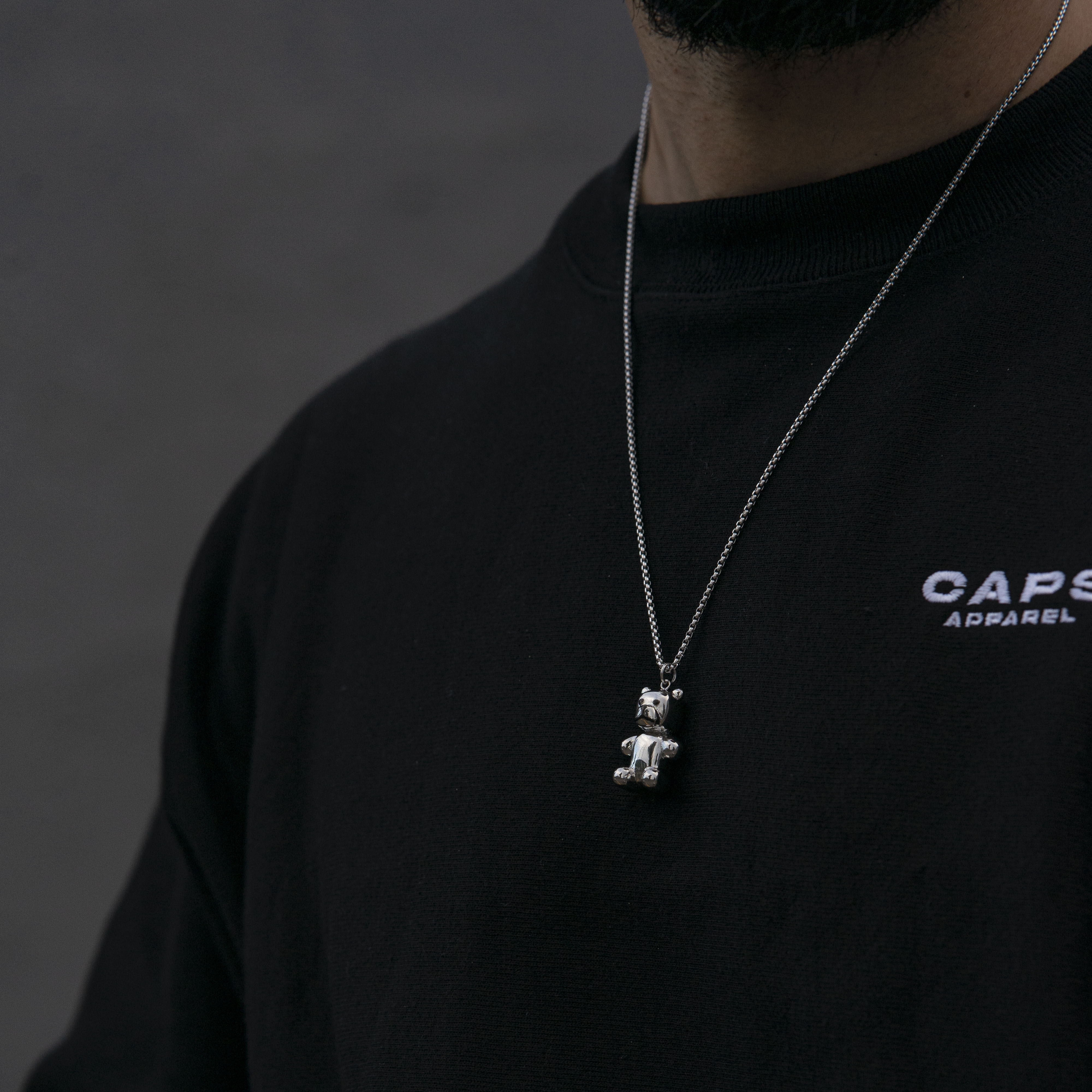 Egan | Silberfarbener Edelstahl-Zirkonia Teddybär-Anhänger mit Halskette (Box Chain) - 3