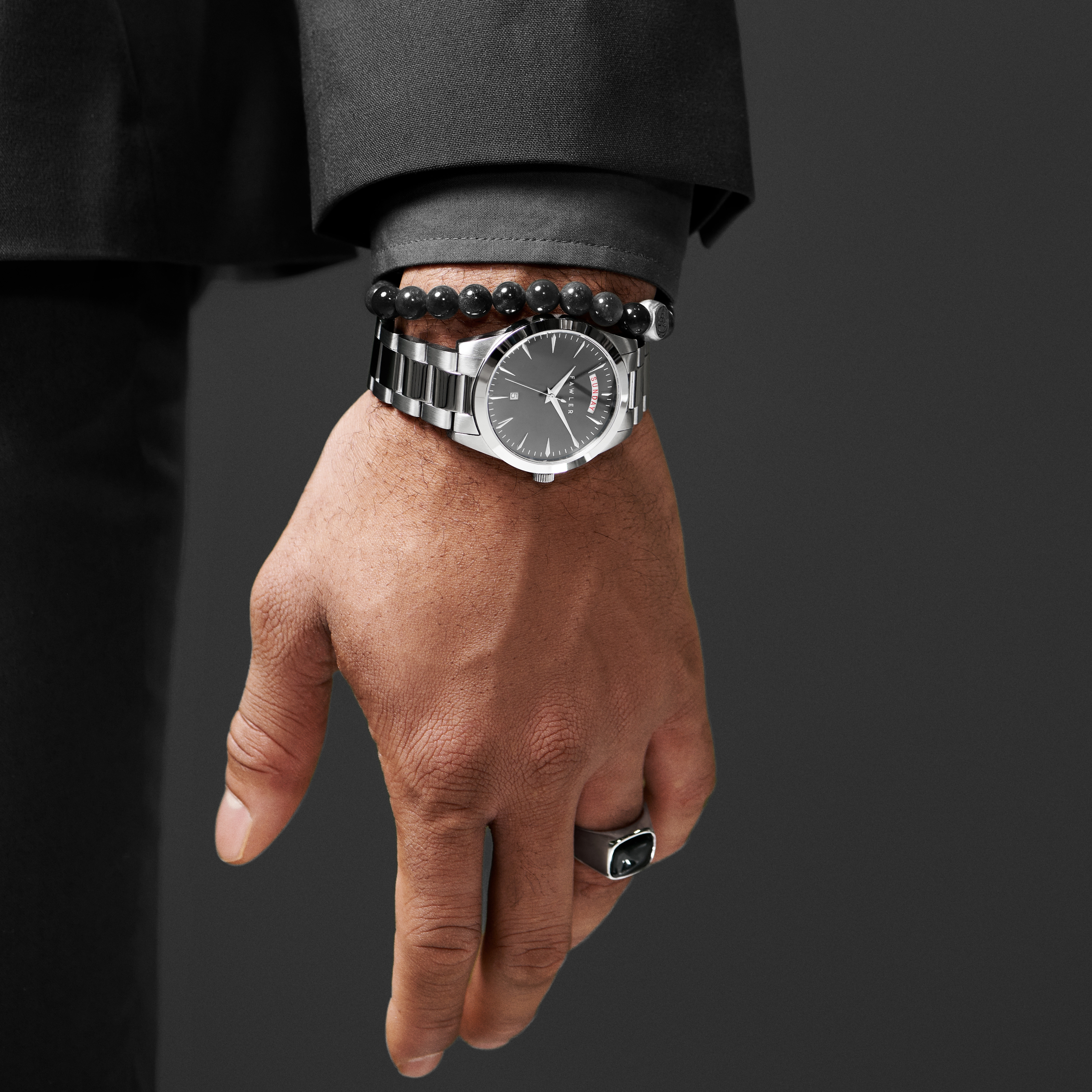 Eric | Reloj de acero inoxidable plateado y gris con día y fecha - 2