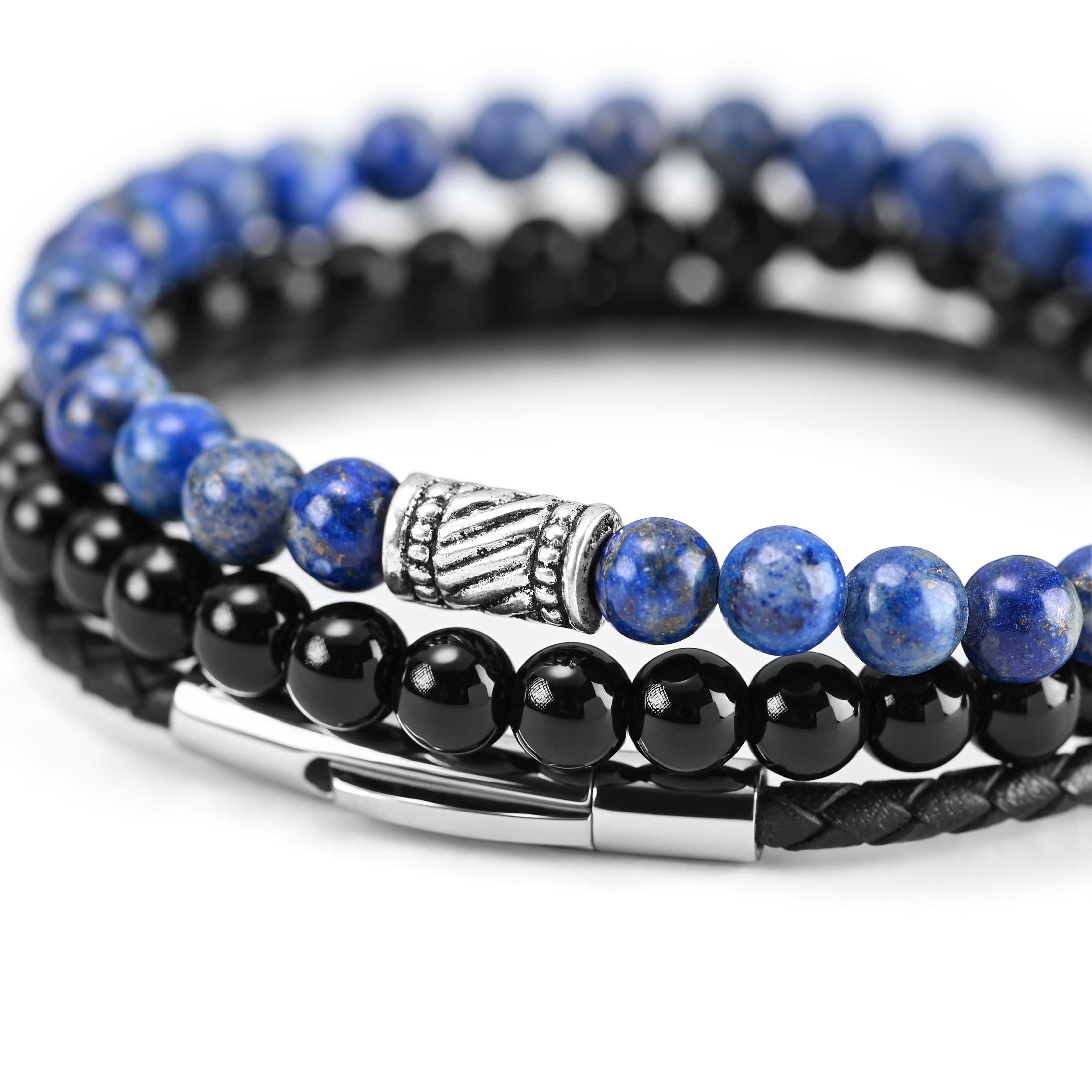 Blue & Black Natural Stone & Leather Bracelet Set - 3