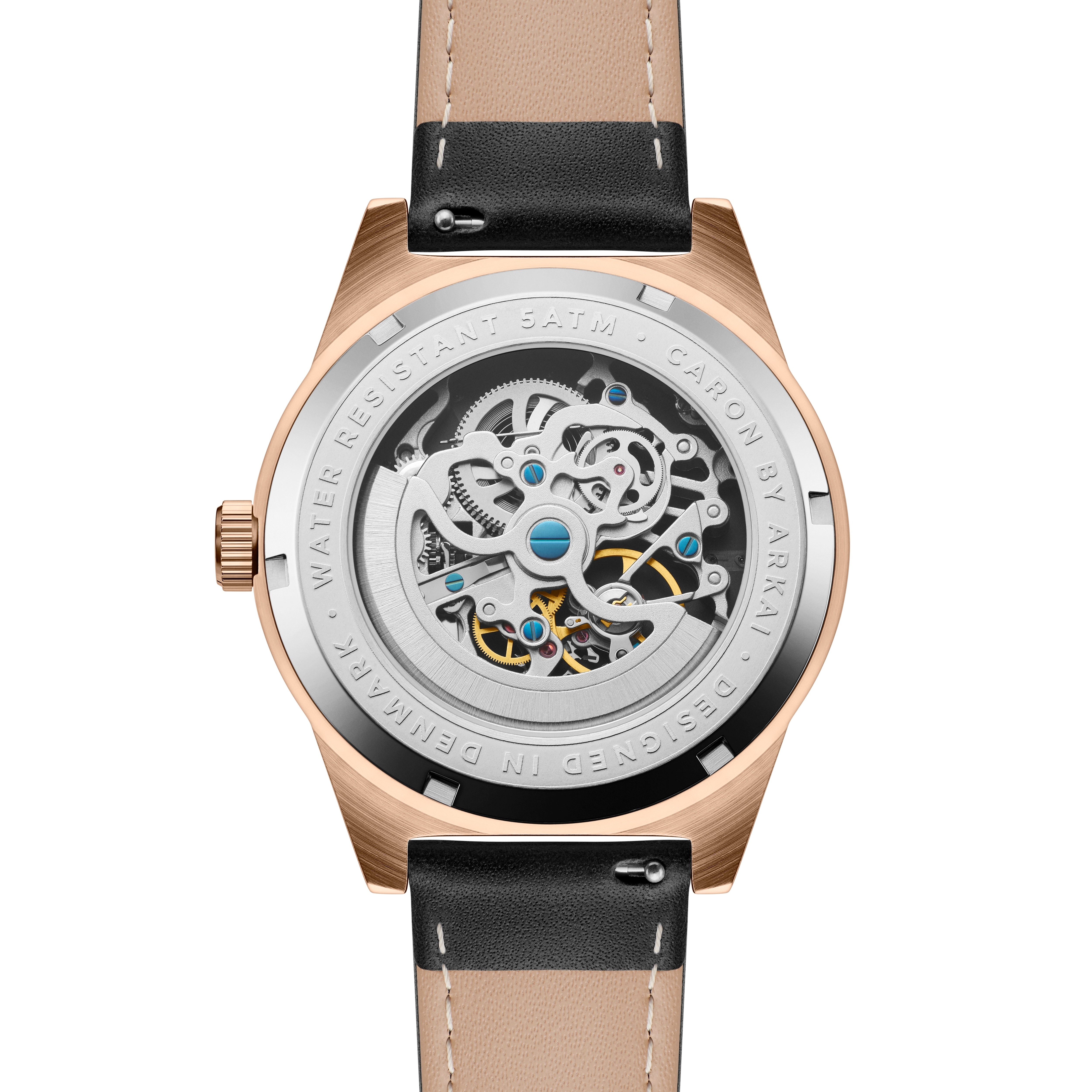 Caron | Montre squelette automatique en acier noir et or rose - 4