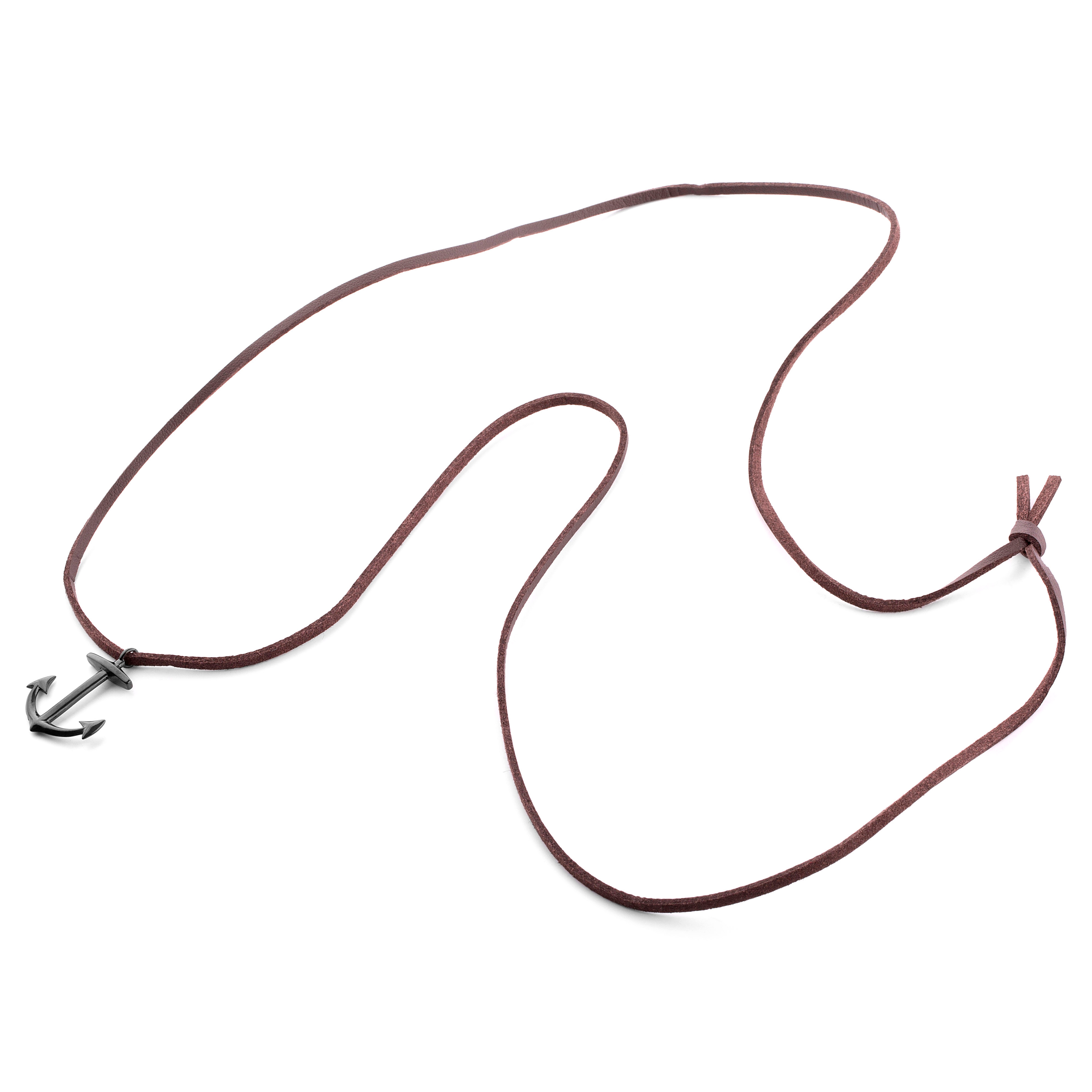 Black Anchor Leather Cord Iconic Necklace - 3