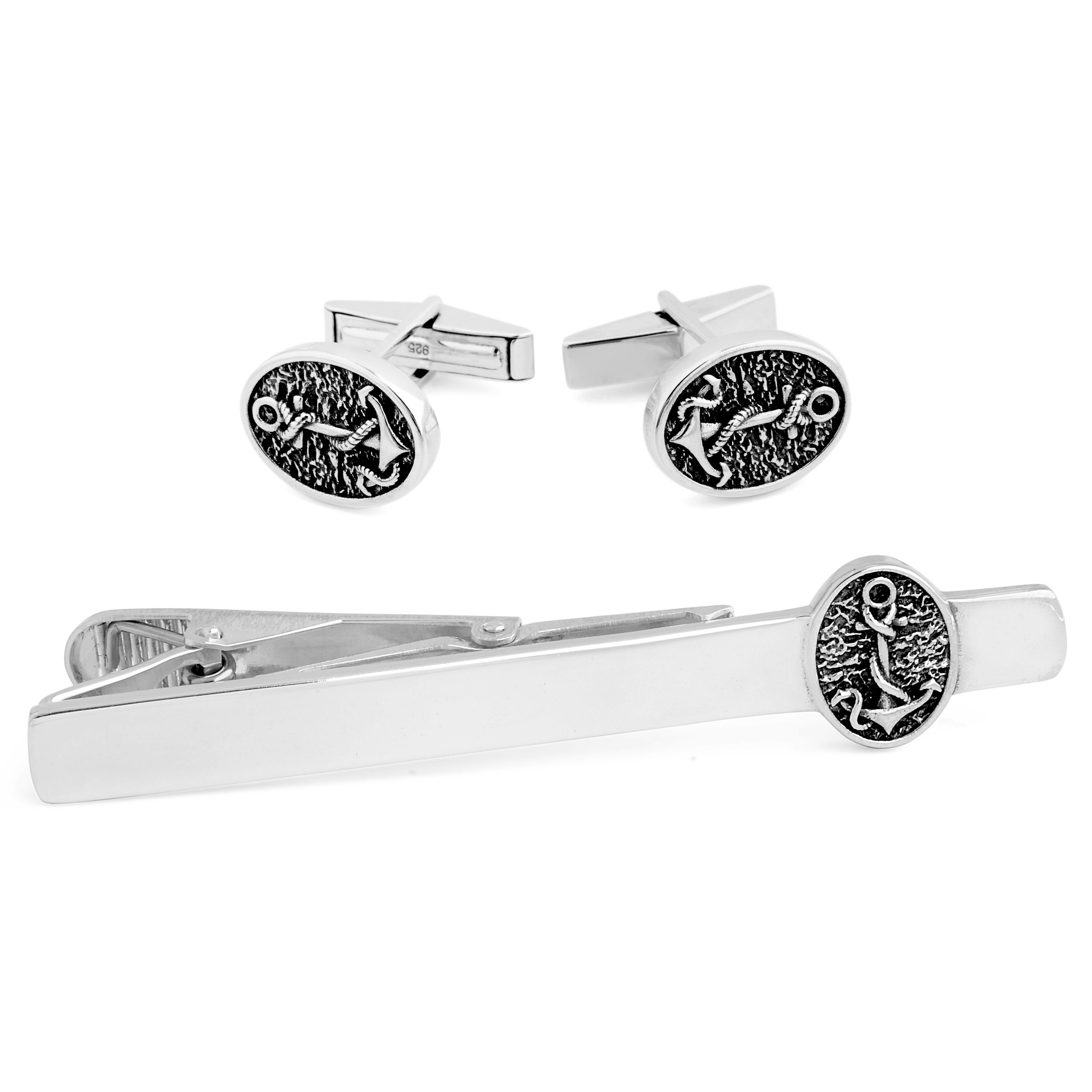 Seemann Tribut 925er Silber Krawattenklammer & Manschettenknöpfe Set - 1