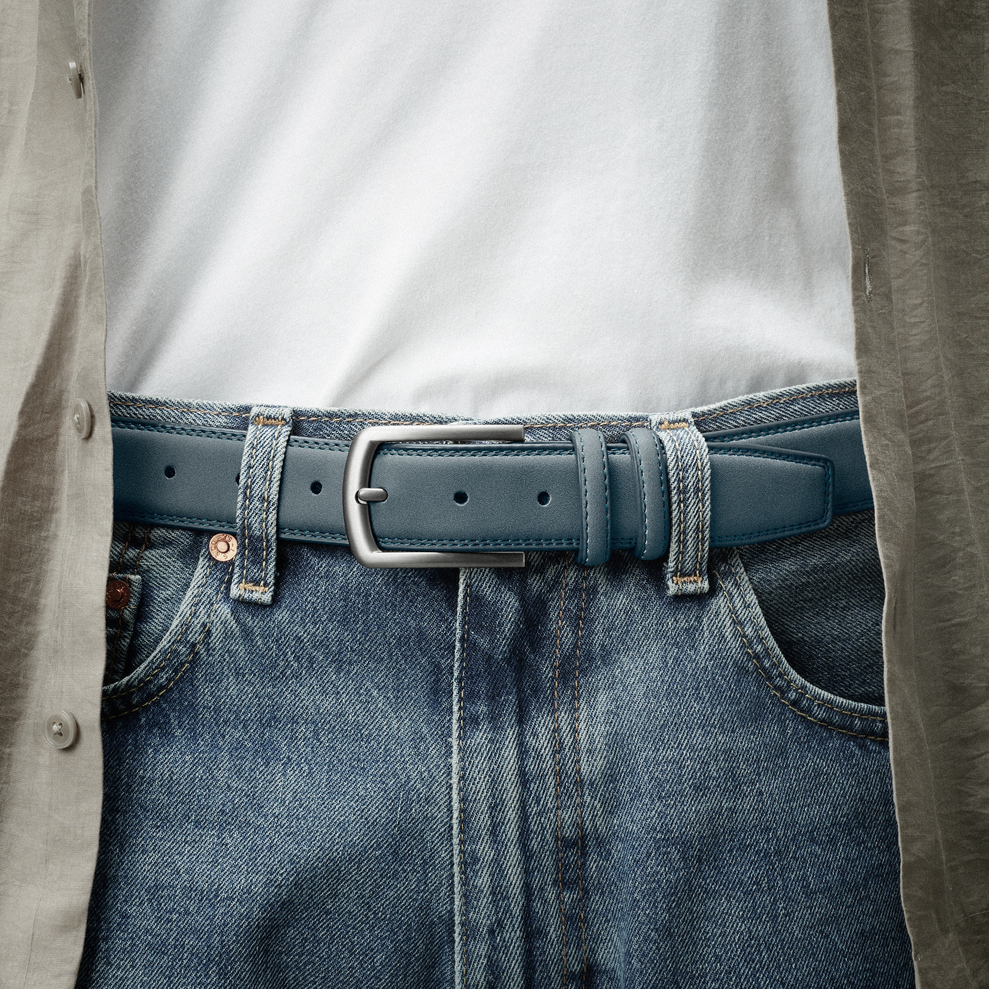 Син класически колан от изкуствен велур - 3