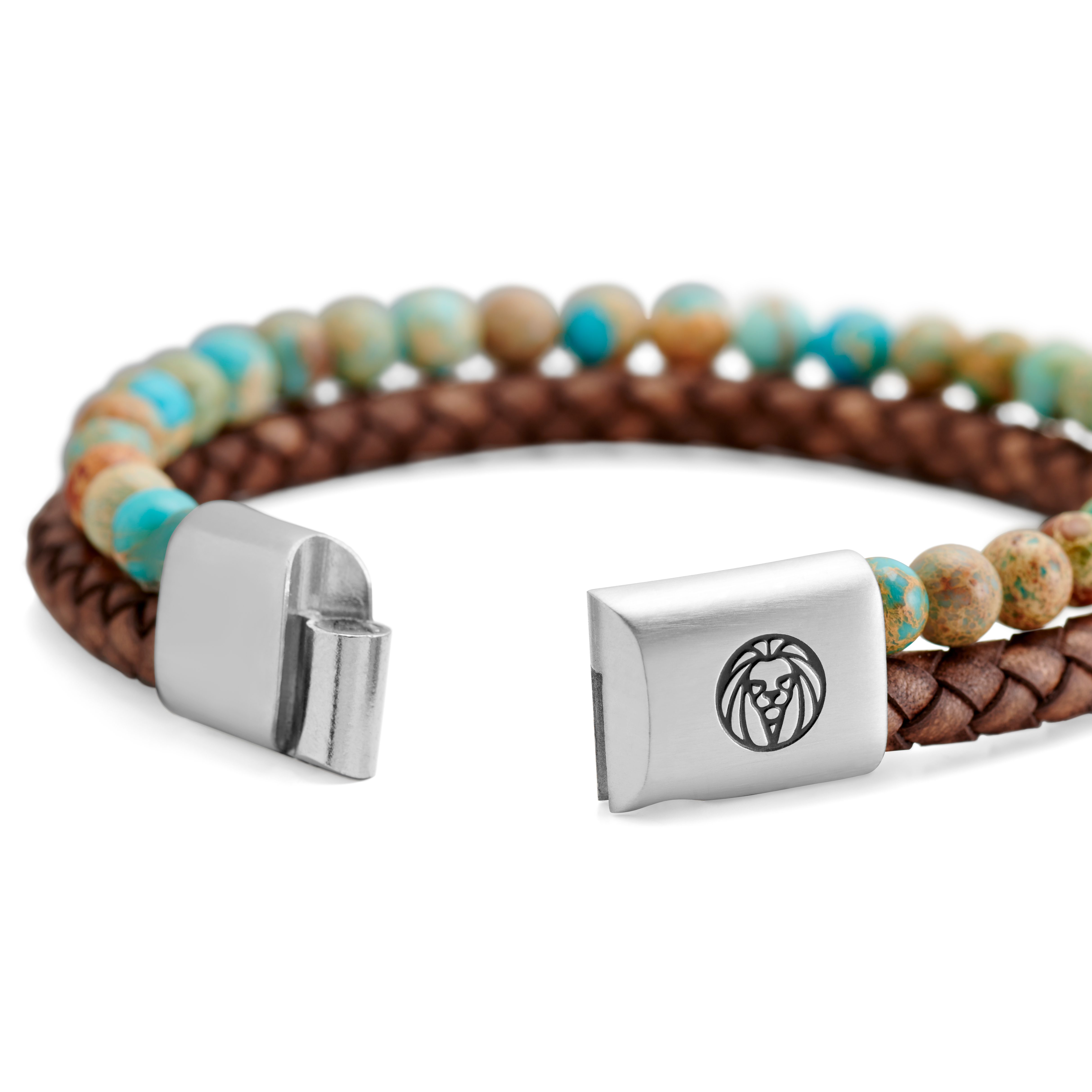 Turquoise Imperial Jasper and Vintage Leather Icon Bracelet - 4