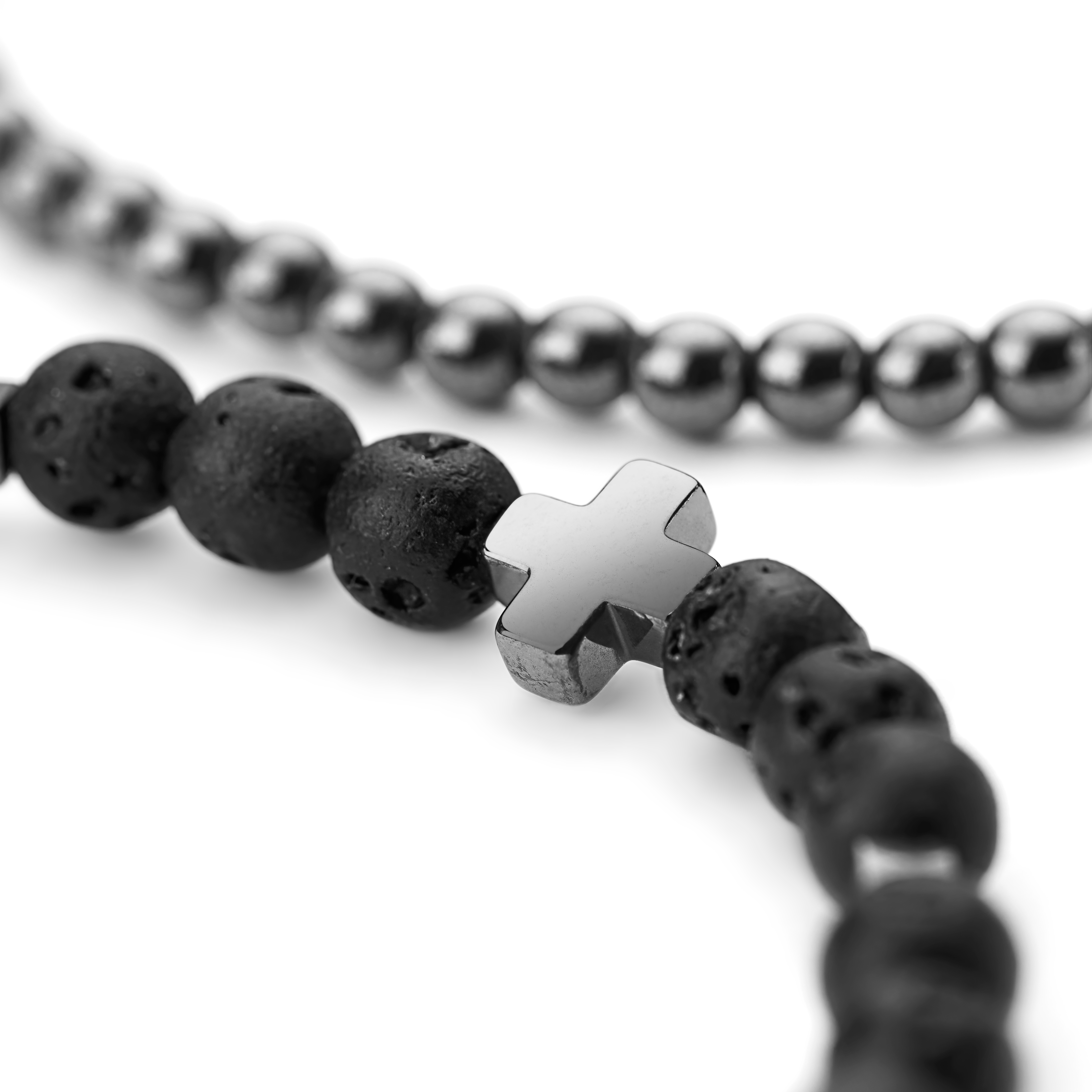 Lava Sten & Hæmatit Kors Armbånd Sæt - 3