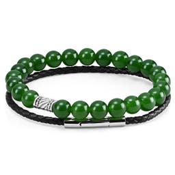 Jade-Colored Natural Stone & Braided Leather Band Bracelet Set