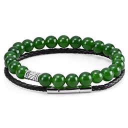 Jade-Coloured Natural Stone & Braided Leather Band Bracelet Set