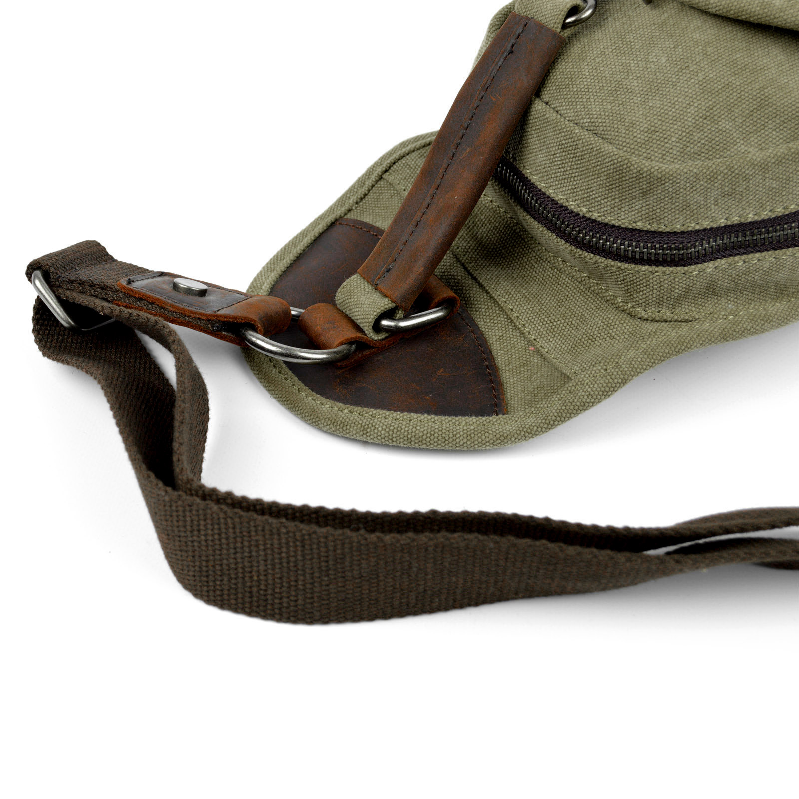 Axelremsväska i Militärgrön Canvas & Brunt Läder - 8