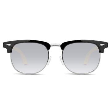 Browline слънчеви очила с черни рамки, опушени стъкла и бамбукови дръжки