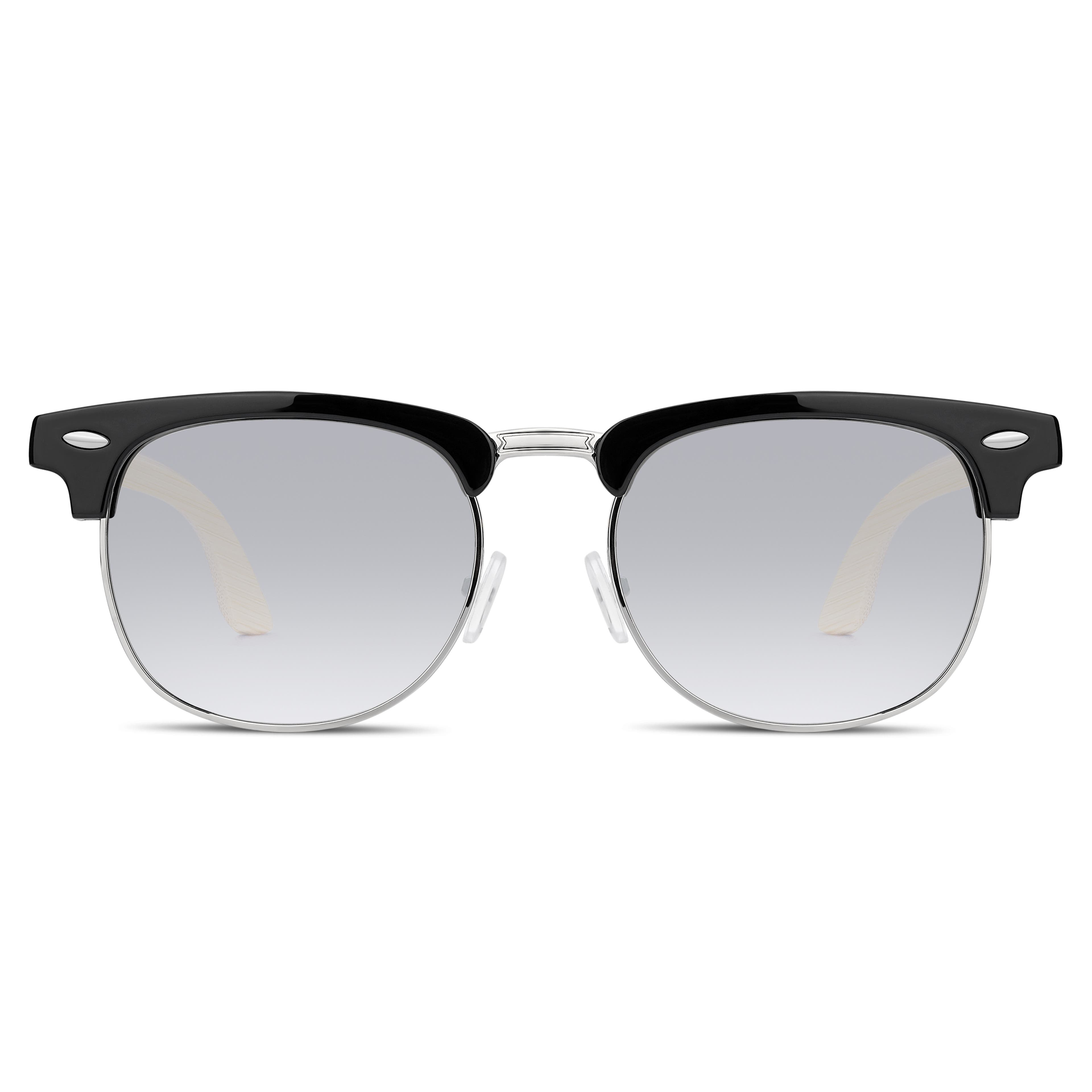 Browline слънчеви очила с черни рамки, опушени стъкла и бамбукови дръжки