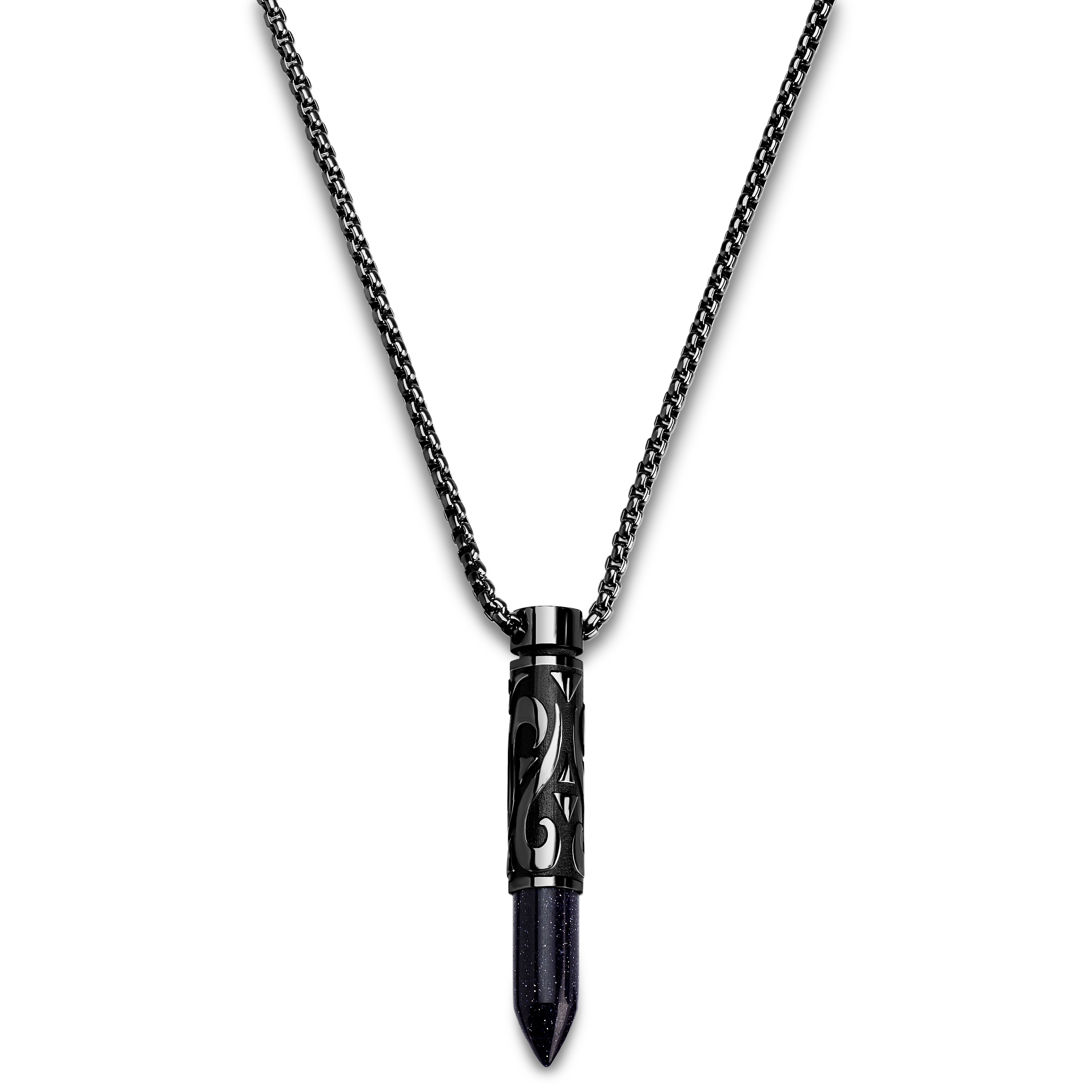 Rico | Black Stainless Steel & Blue Sand Stone Bullet Necklace - 2