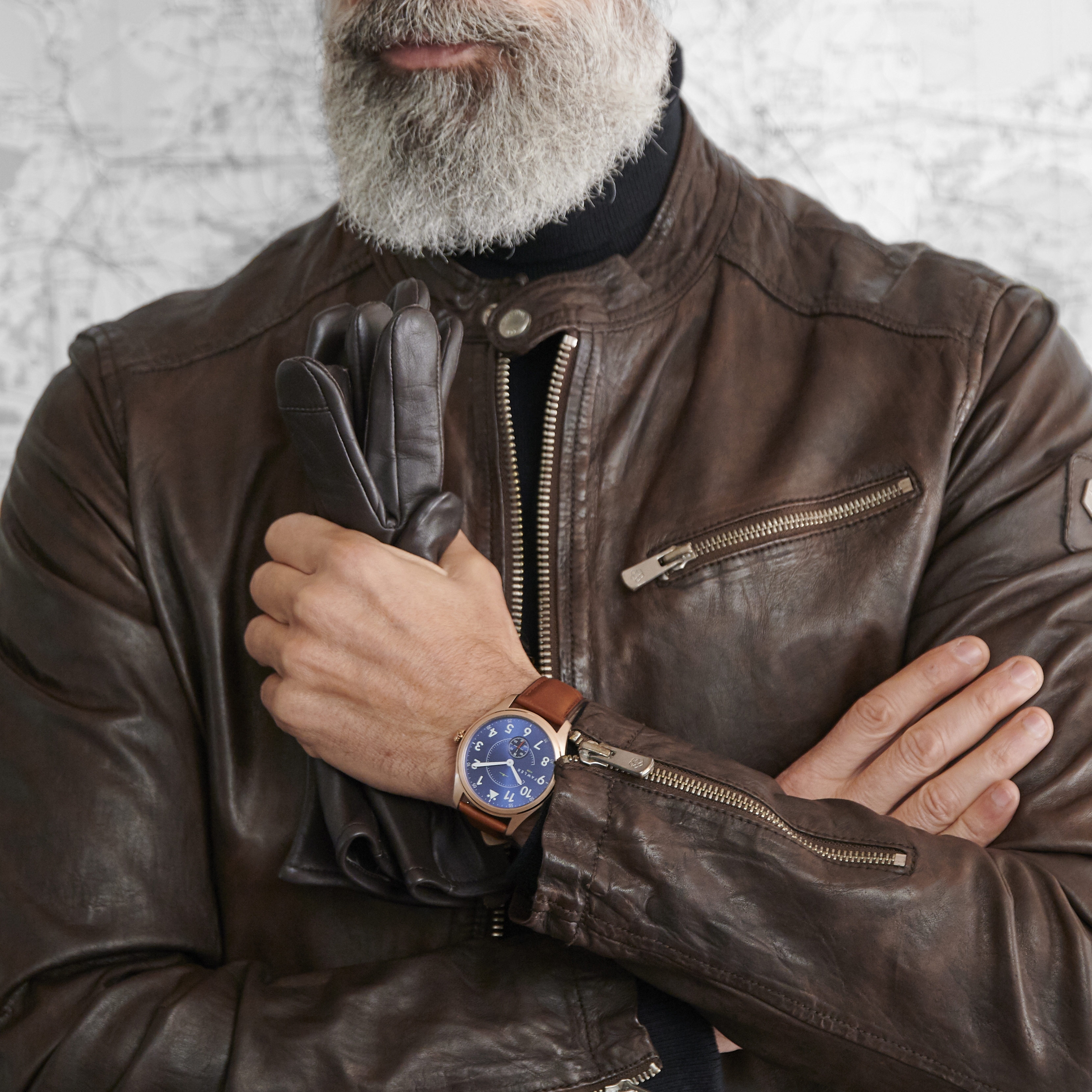Aviator | Rose Gold-Tone Aviator Watch With Navy Blue Dial, White Numbers & Terracotta Leather Strap - 8
