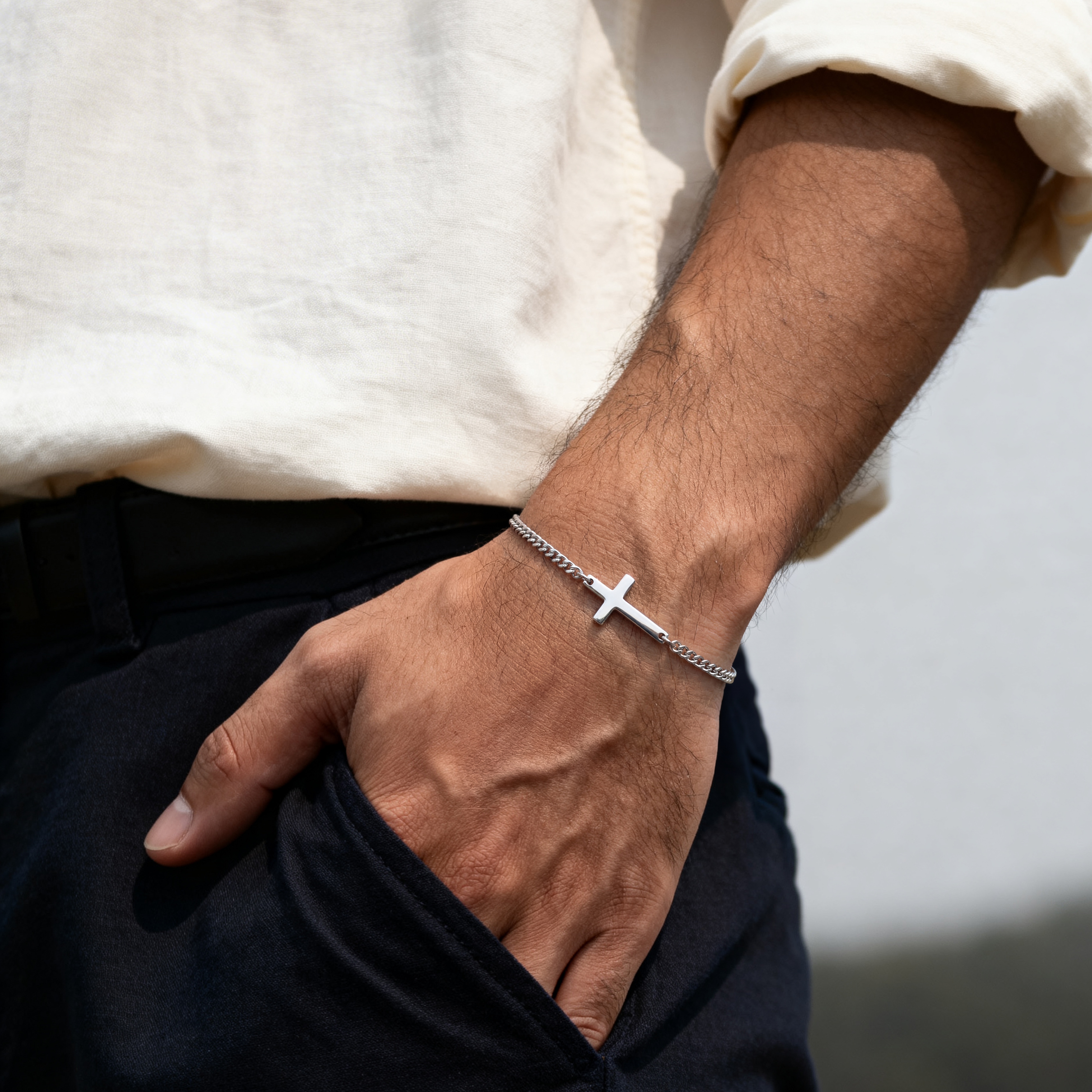 New Classics | 2mm 925 Sterling Silver Curb Chain Cross Bracelet - 3