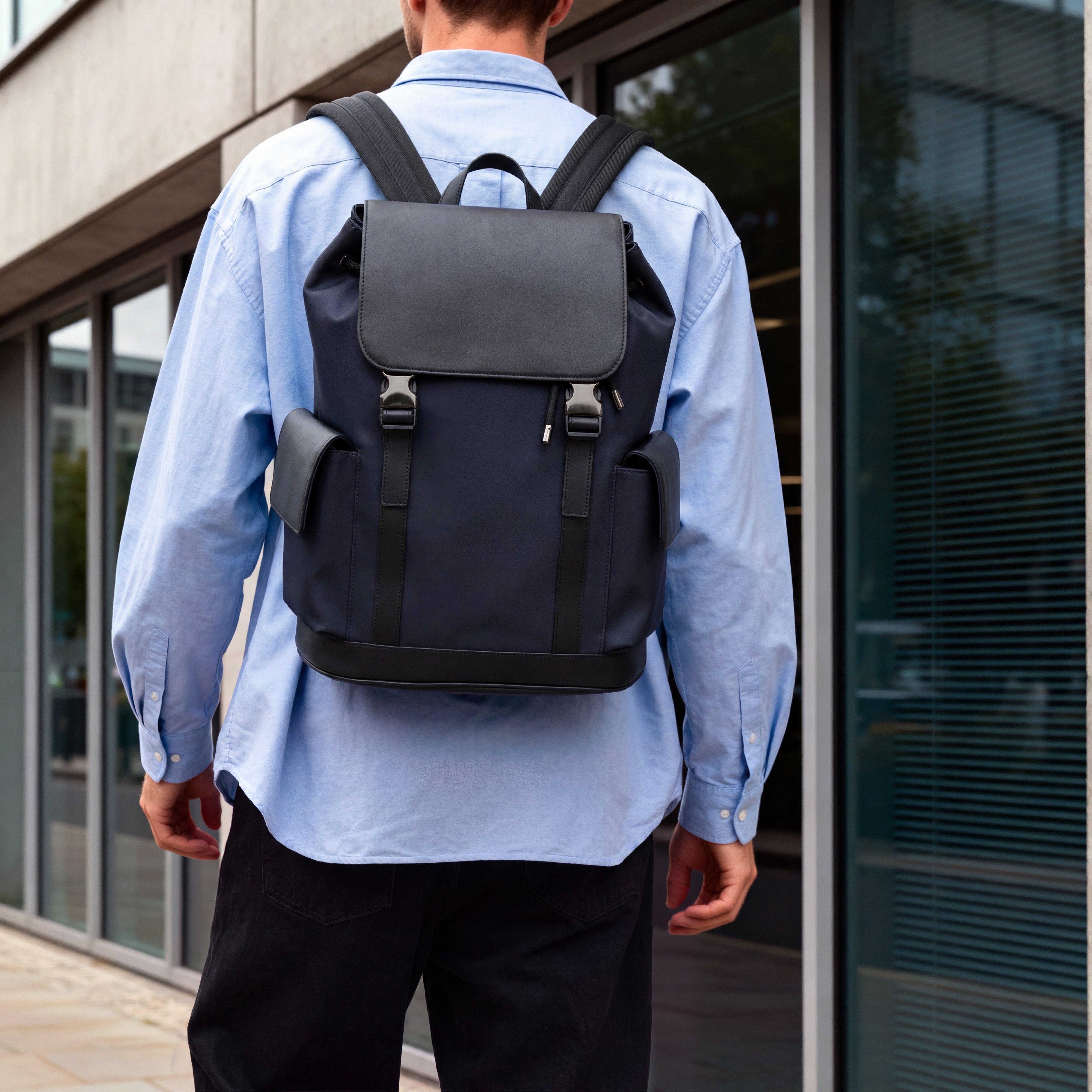 Fibron | Sac à dos bleu marine en microfibre - à double boucle - 3