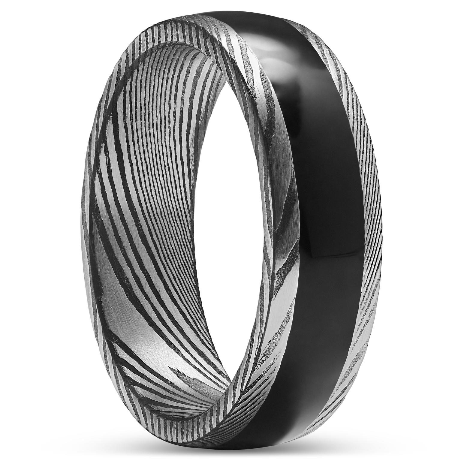 Fortis | 7 mm Anillo de acero de Damasco gris y plateado con incrustación de ónix Fortis | 7 mm Anillo de acero de Damasco gris y plateado con incrustación de ónix