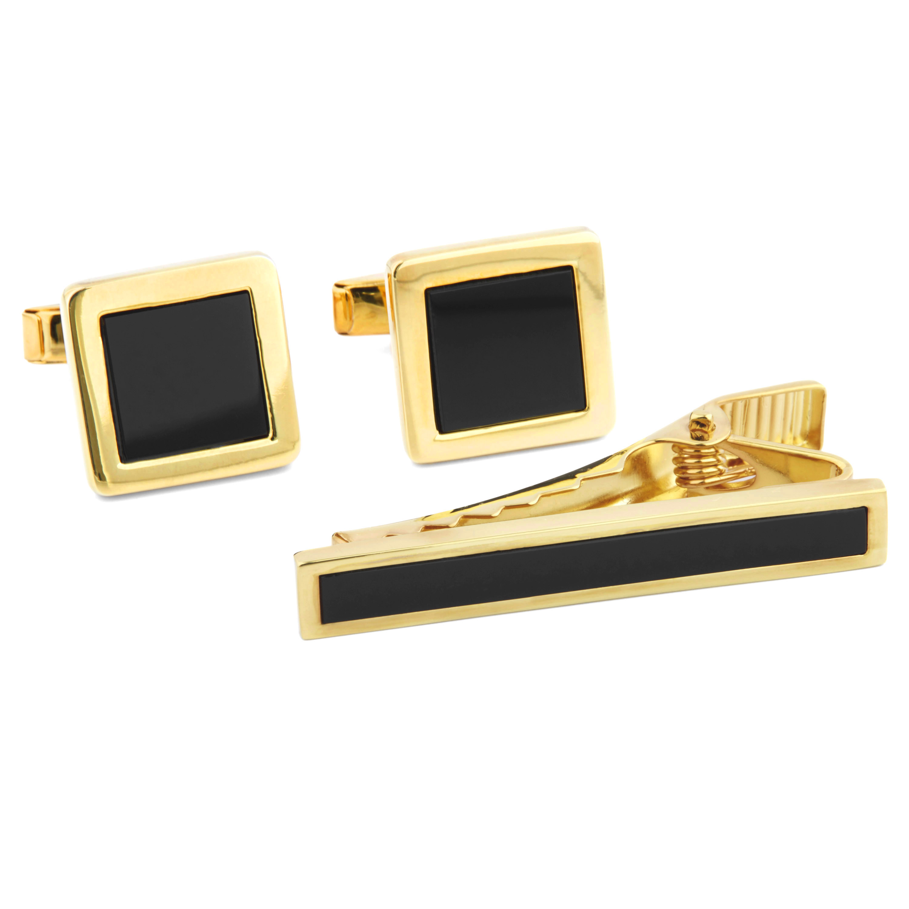 Goudvergulde Set in 925 Zilver Ingelegd met Zwarte Stenen - 1