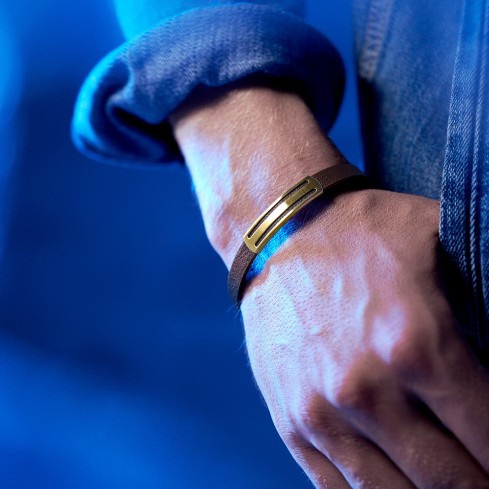 hover: Nomen | Gold-tone and Brown Leather Striped ID Bracelet hover: Nomen | Gold-tone and Brown Leather Striped ID Bracelet