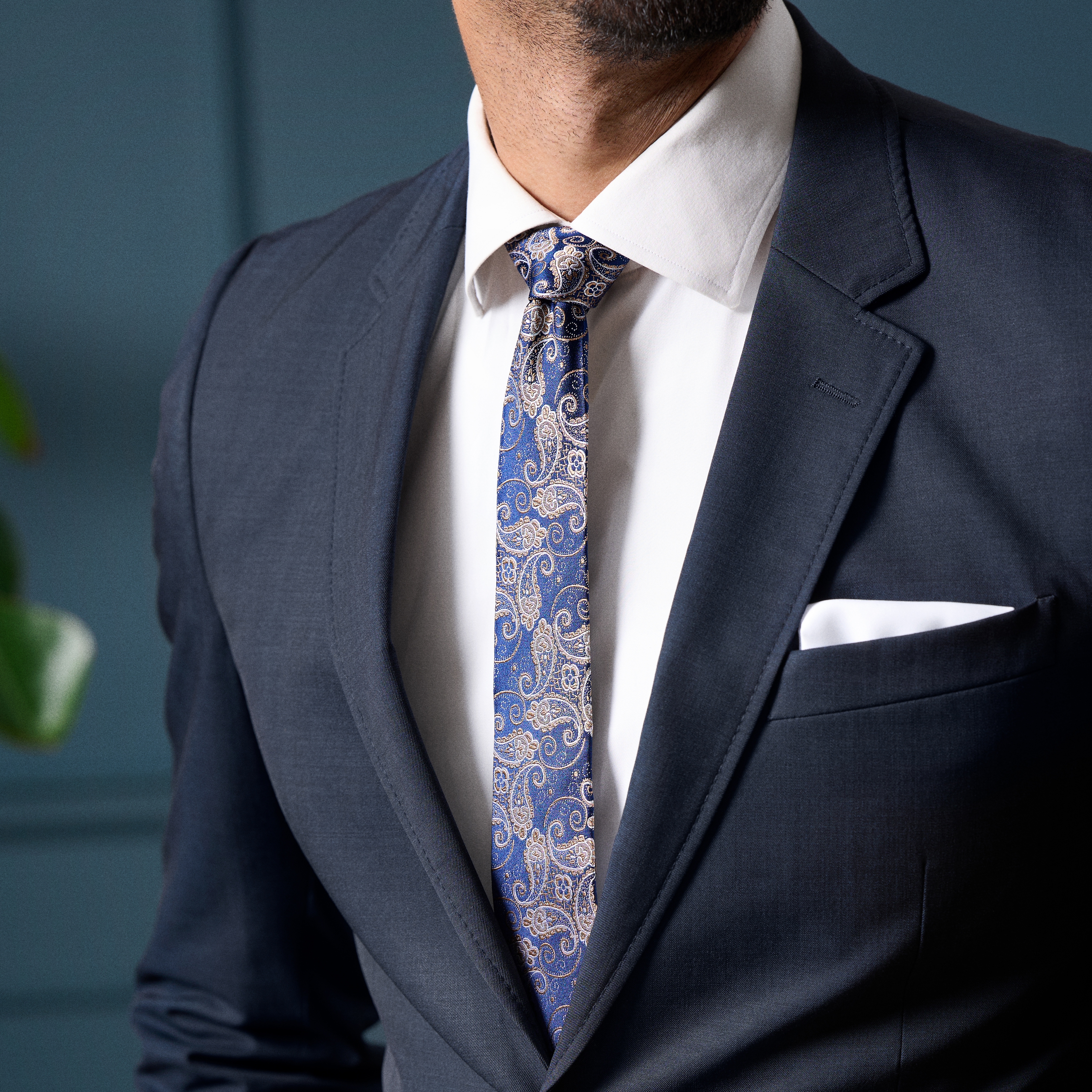 Zijden stropdas met blauw en goud paisleymotief | 6 cm - 3