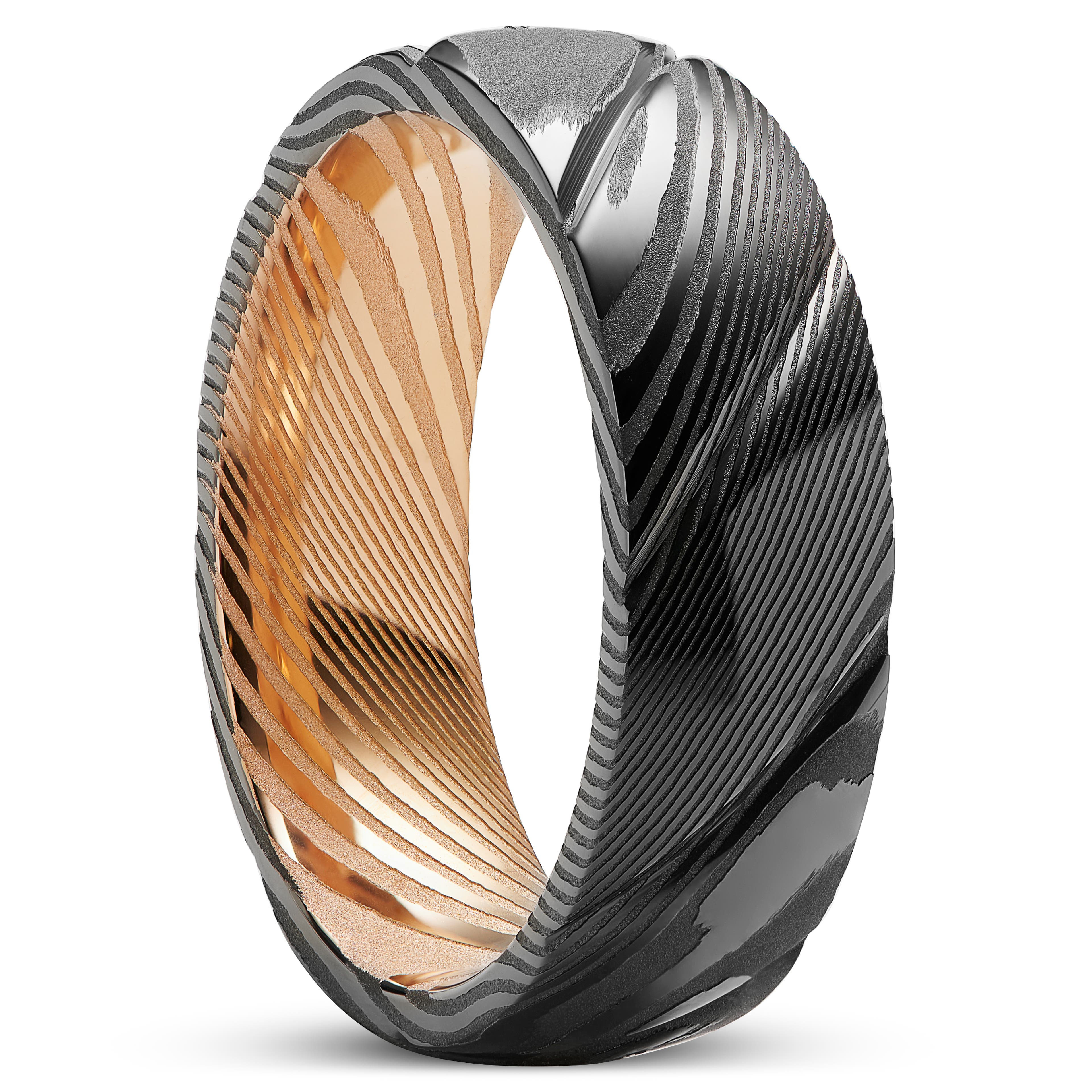 Fortis | 7 mm Grooved Gunmetal and Rose Gold-tone Damascus Steel Ring
