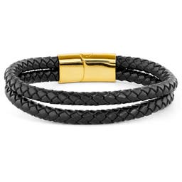 Black & Gold-Tone Braided Leather Rope Double Bracelet