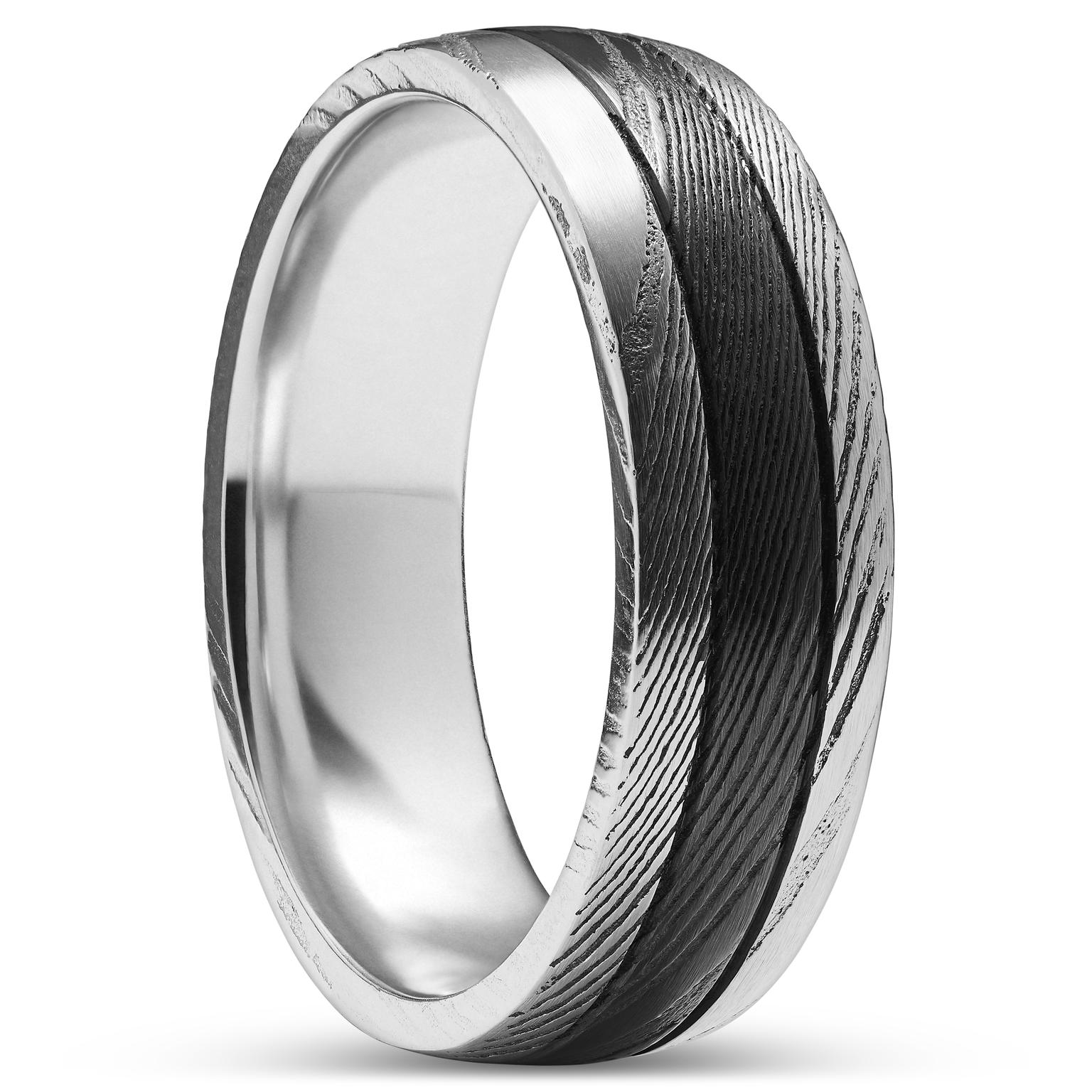 Fortis | 7 mm Double Grooved Black and Silver-Tone Damascus Steel and Titanium Ring Fortis | 7 mm Double Grooved Black and Silver-Tone Damascus Steel and Titanium Ring