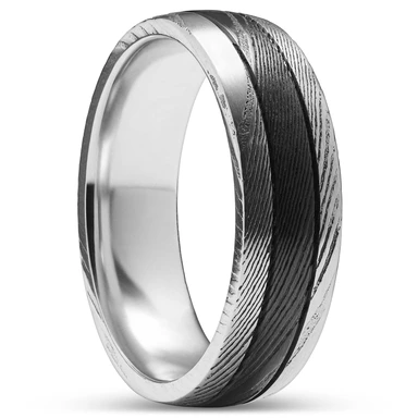 Fortis | 7 mm Silver-Tone & Black Damascus Steel With Titanium Inlay Double Grooved Ring Fortis | 7 mm Silver-Tone & Black Damascus Steel With Titanium Inlay Double Grooved Ring