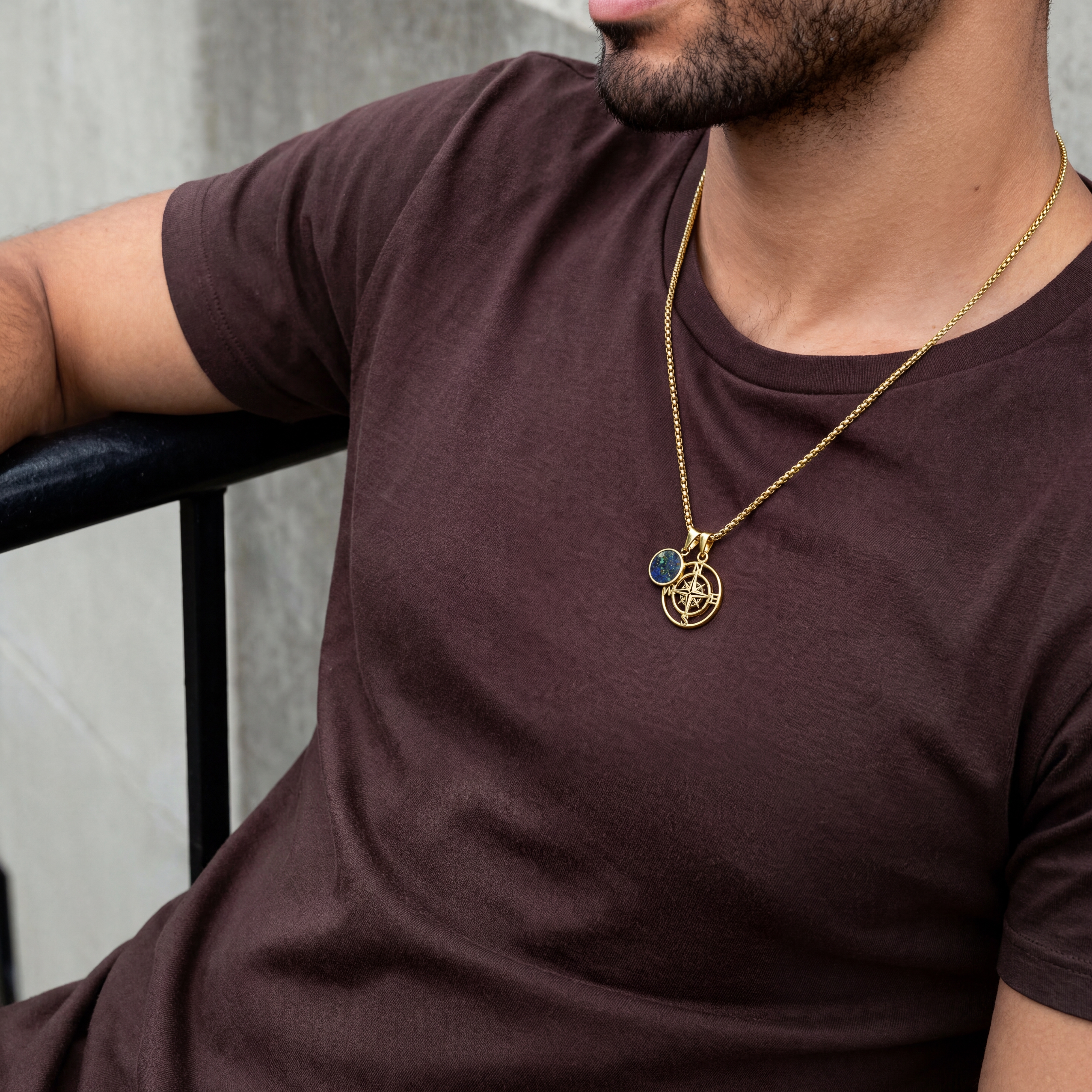Atlas | Gold-tone Compass and Azurmalachite Pendant Necklace - 3