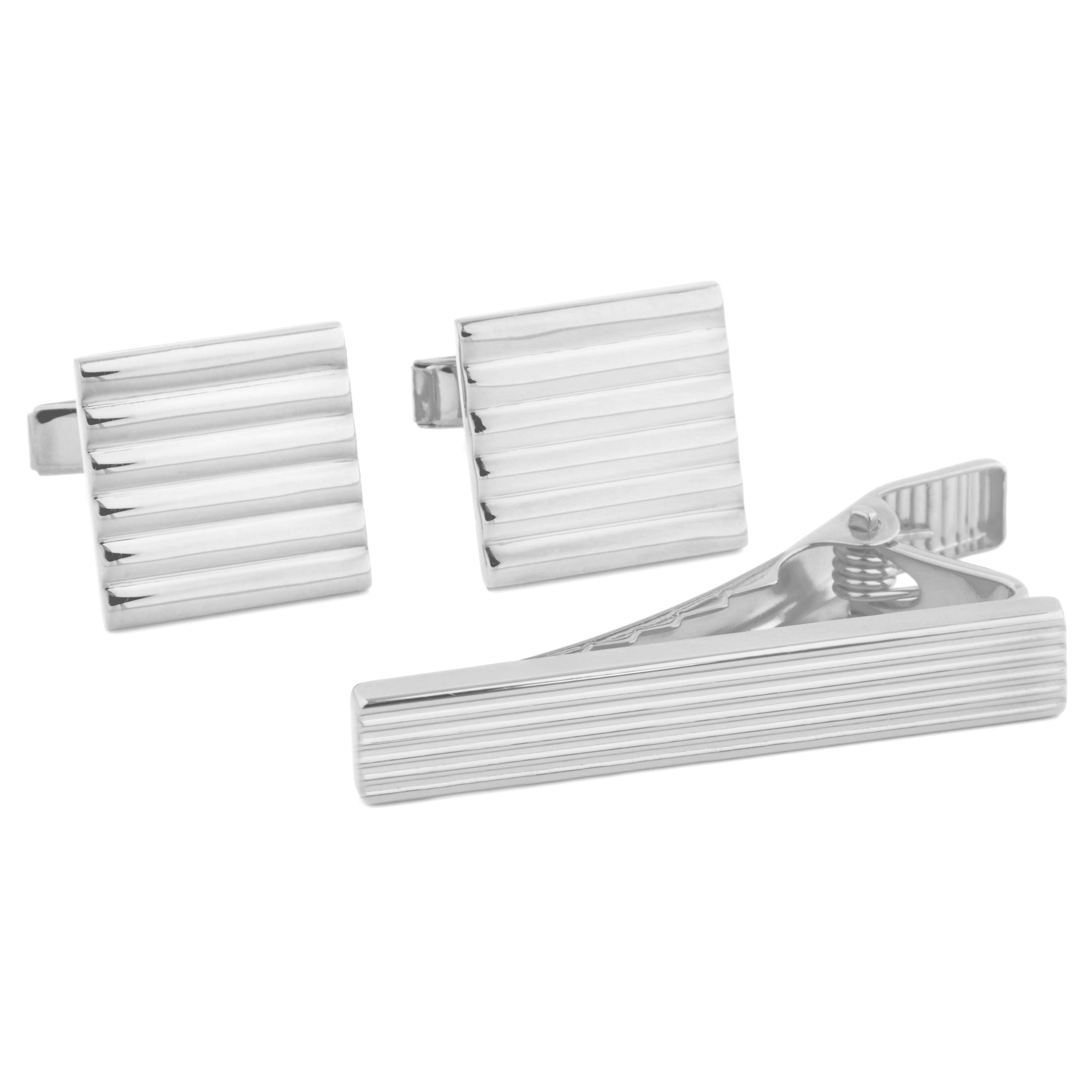 925 Zilveren Set met Korte Dasspeld en Geribbeld Design - 1