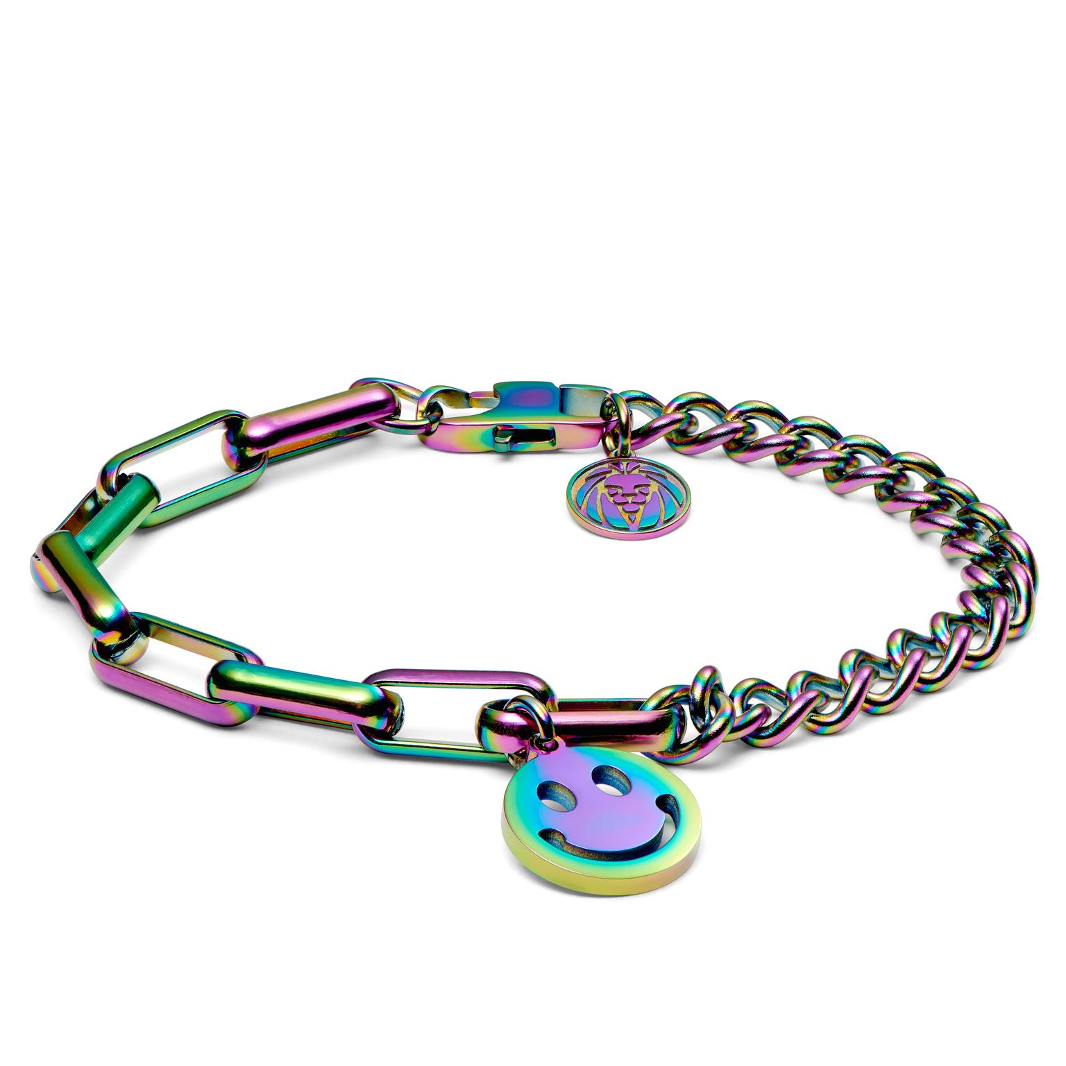 Pulsera de cadena barbada y forzada con colgante de Smiley arcoíris Amager Clarke Pulsera de cadena barbada y forzada con colgante de Smiley arcoíris Amager Clarke
