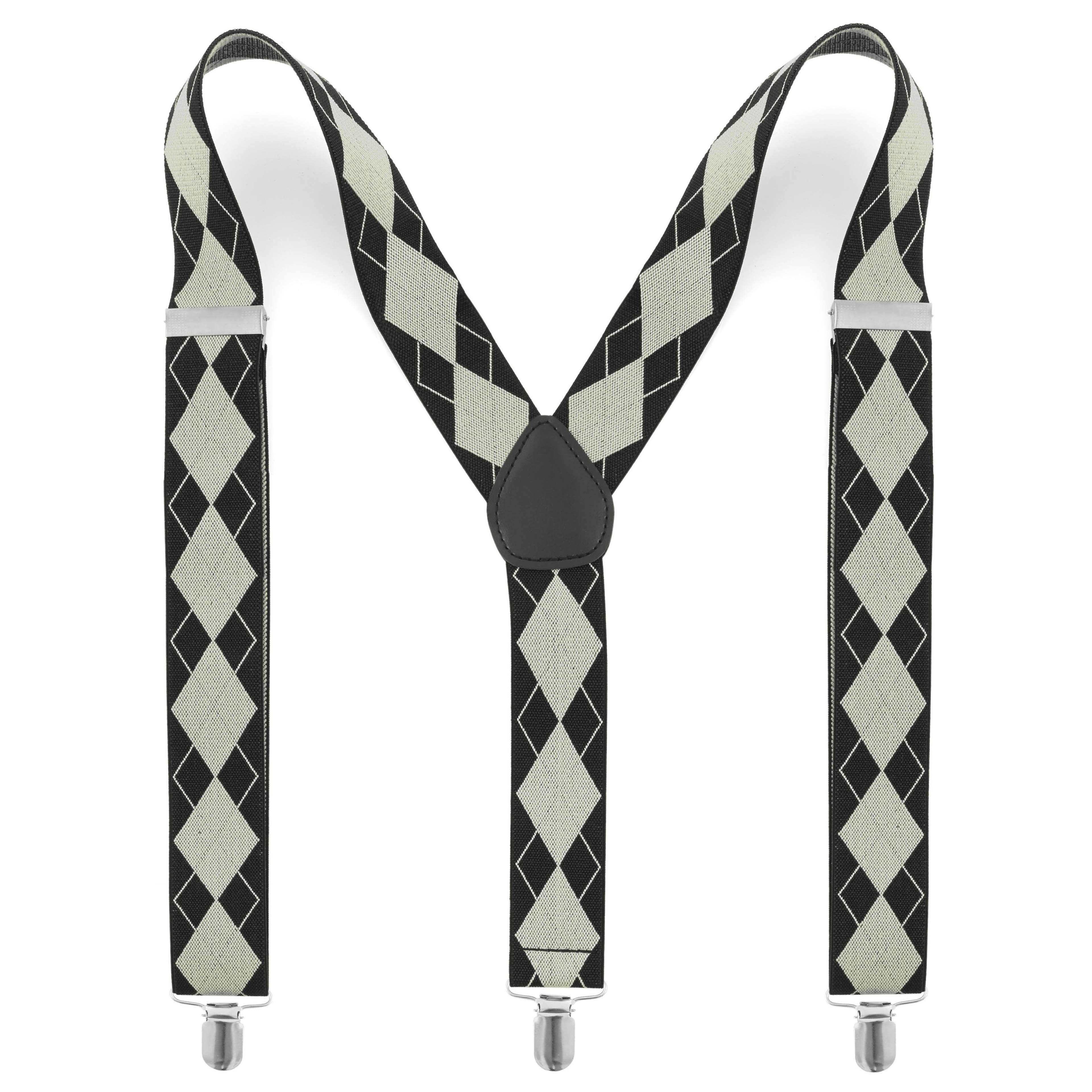 Large Black & White Diamond Patterned Suspenders
