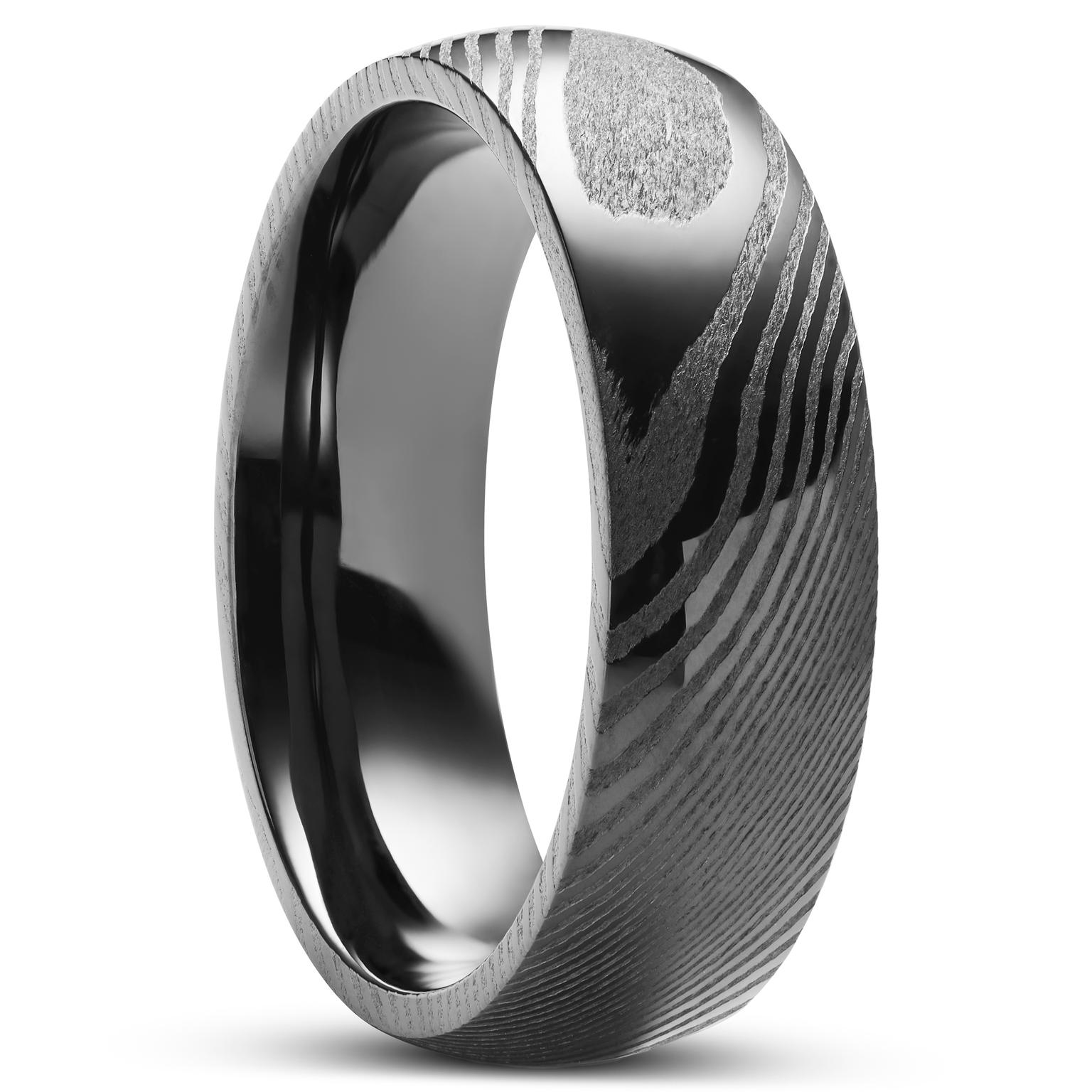 Fortis | 7 mm Gunmetal Damascus Steel and Black Ring Fortis | 7 mm Gunmetal Damascus Steel and Black Ring