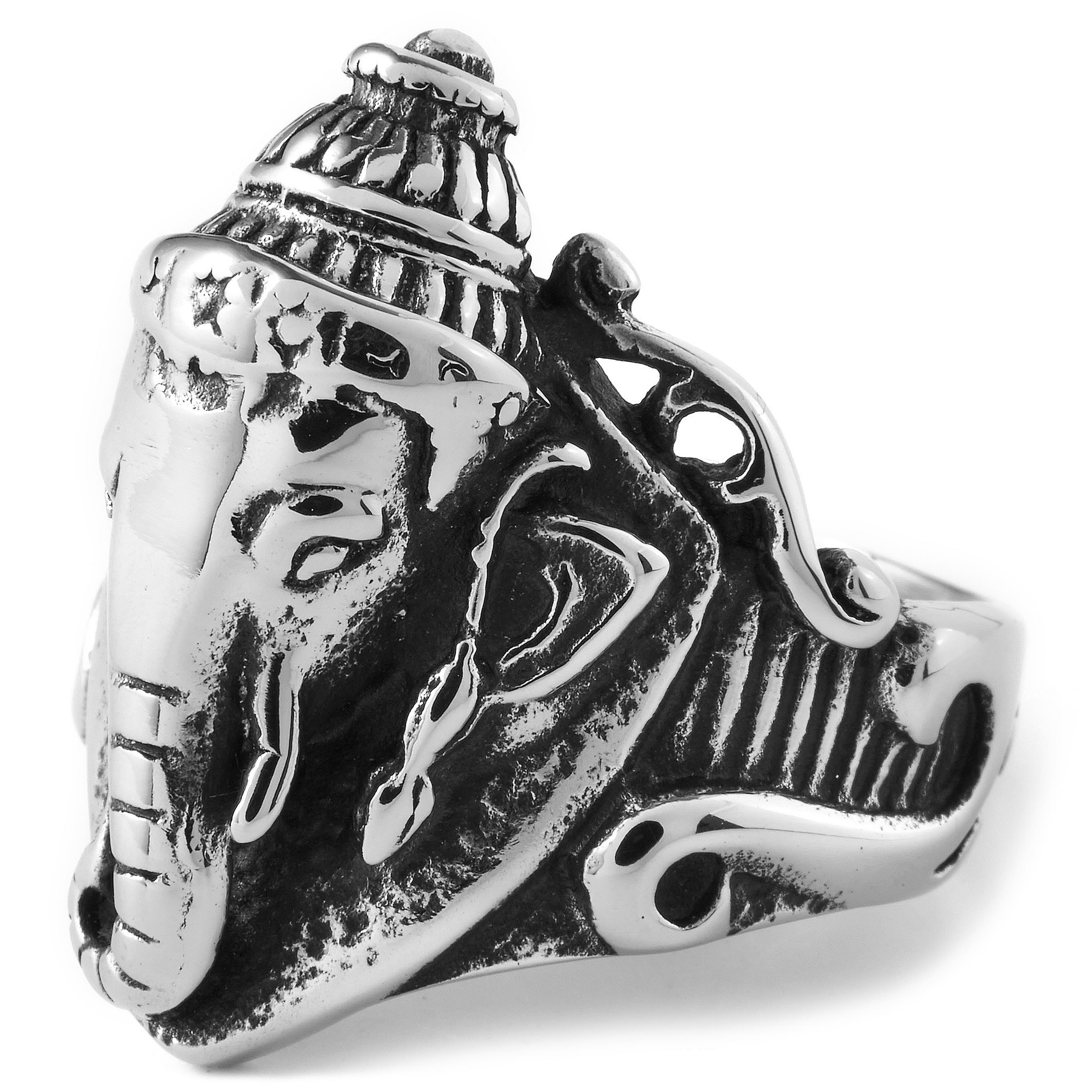 Silver-Tone & Black Stainless Steel Elephant Emperor Ring