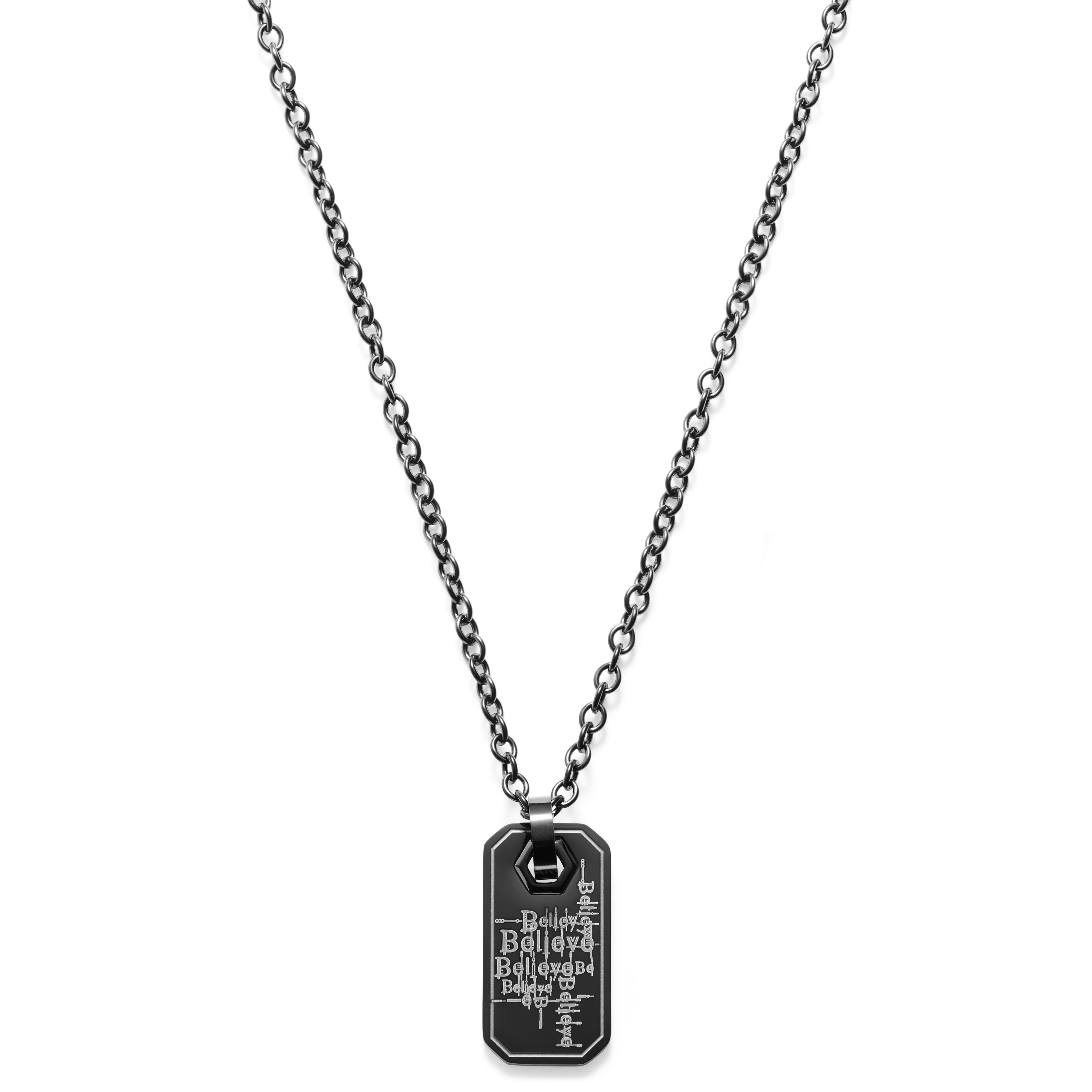 Black Stainless Steel Believe Dog Tag Cable Chain Necklace