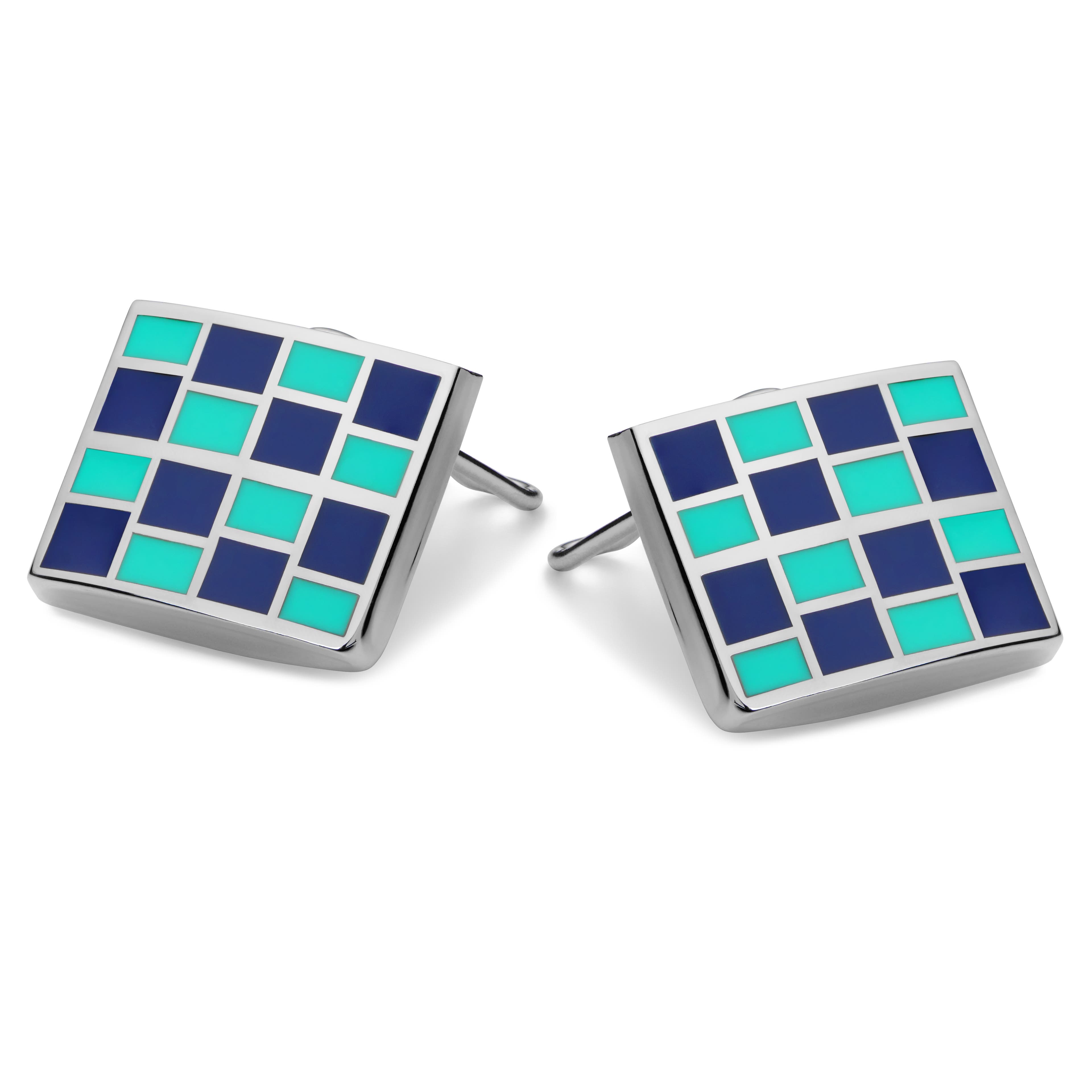 Square Silver-Tone, Royal Blue & Mint Green Chequered Copper Button Covers