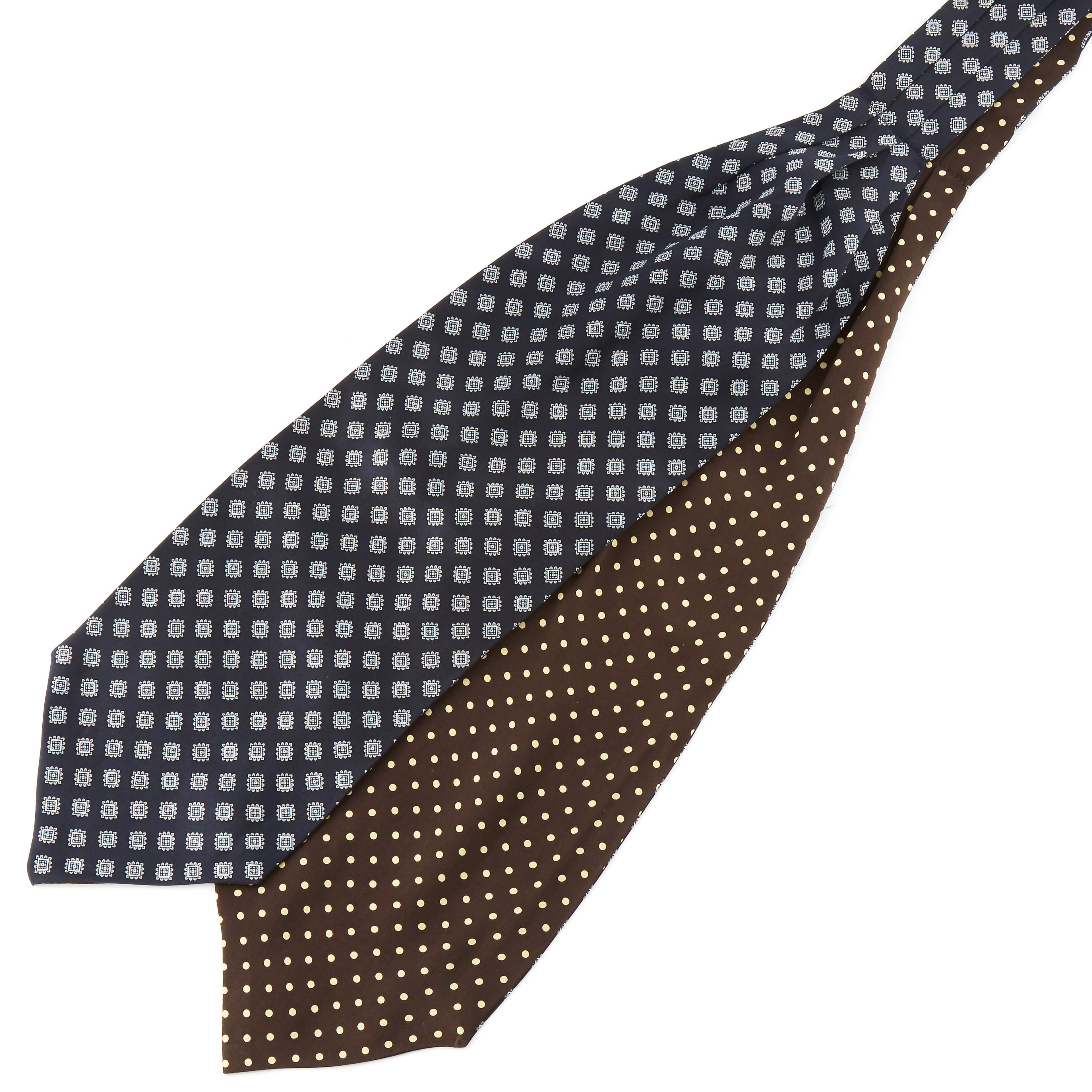 Barna-tengerészkék, kettős mintázatú ascot nyakkendő selyemből