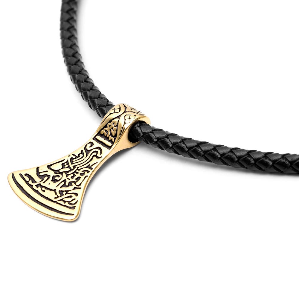 hover: Gold-Tone Norse Axe Black Leather Necklace hover: Gold-Tone Norse Axe Black Leather Necklace