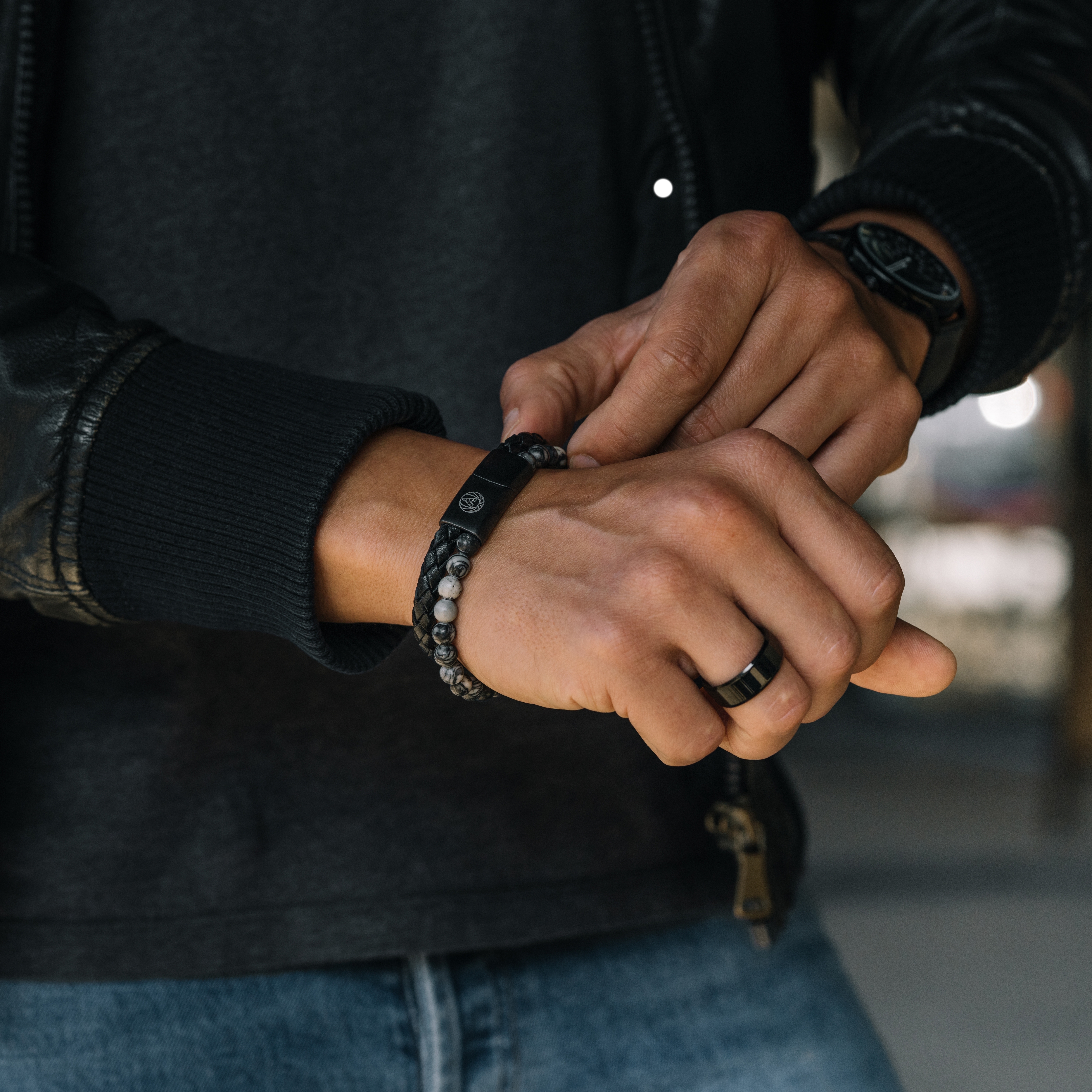 Grey Stone & Leather Icon Bracelet  - 4