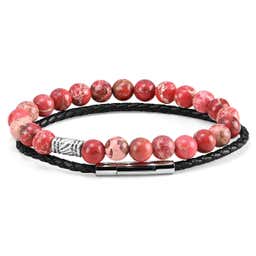 Soft Red Agate & Braided Leather Band Bracelet Set
