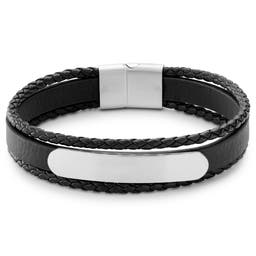 Nomen | Bracelet triple en cuir bolo noir avec plaque d'identité en métal argenté