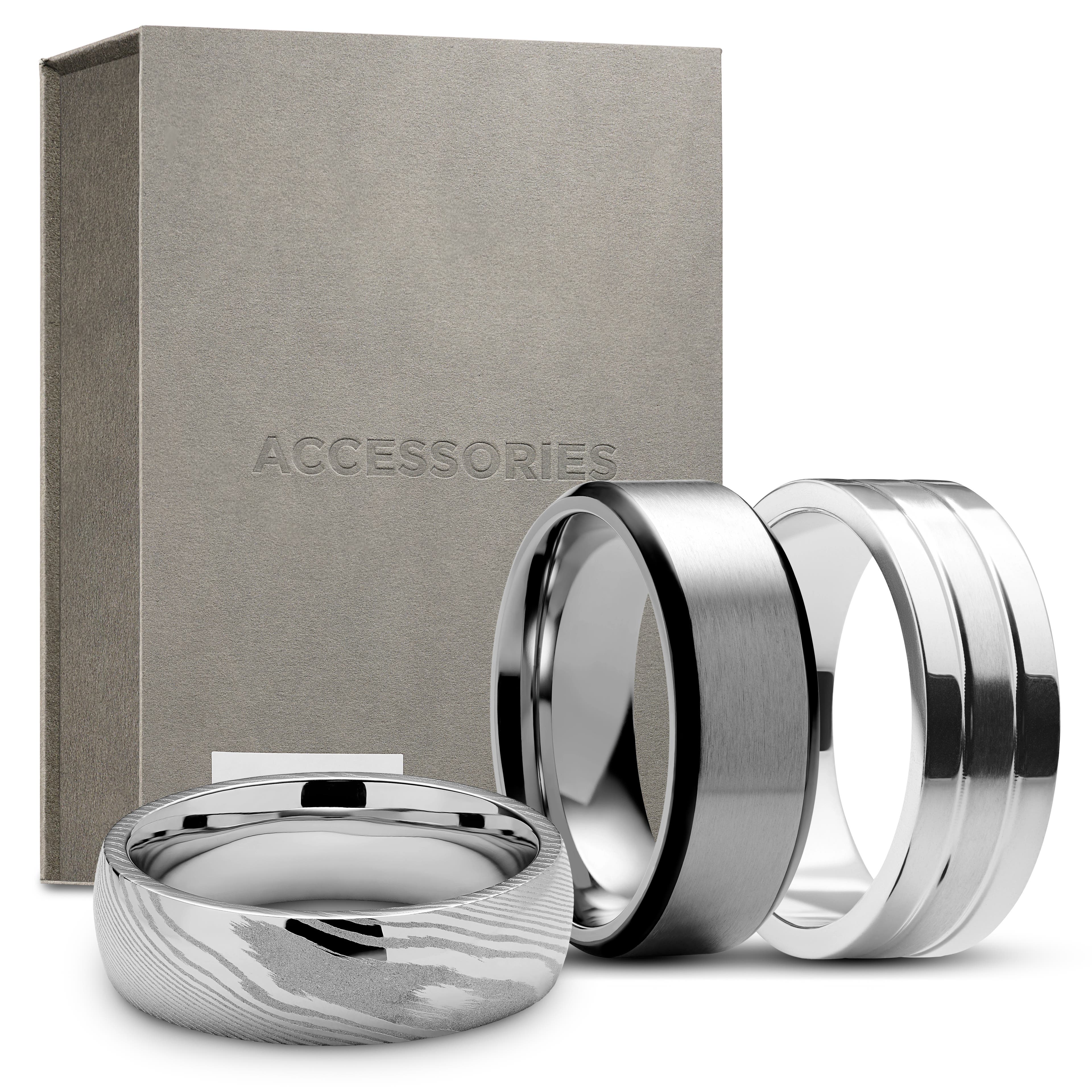 Exkluzivní dárková krabička s pánskými prsteny | Chirurgická ocel a titan stříbrné barvy