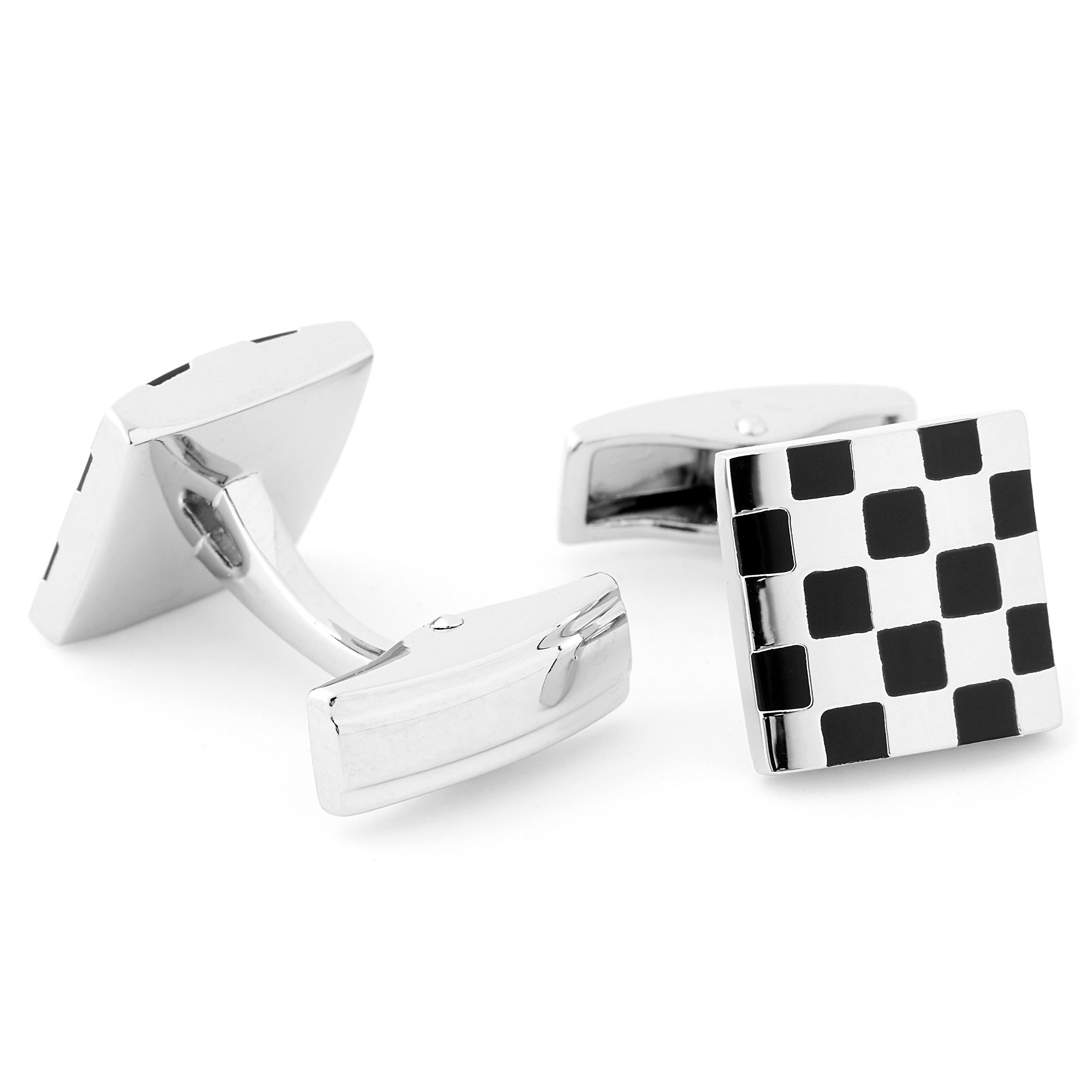 Silber-Schwarzes Set aus Manschettenknöpfen und Krawattenklammer im Schachbrett-Design - 5